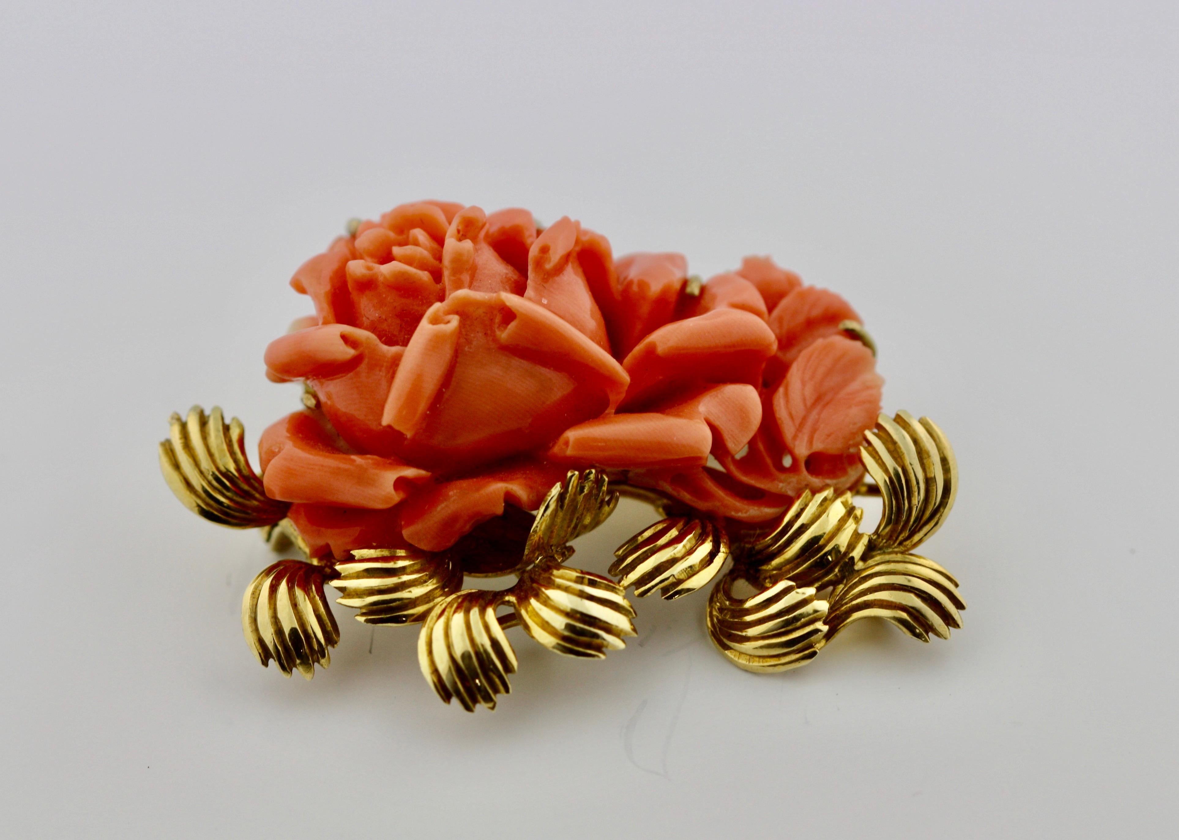 Carved Coral Brooch of a Rose Motif Carved from Coral 1