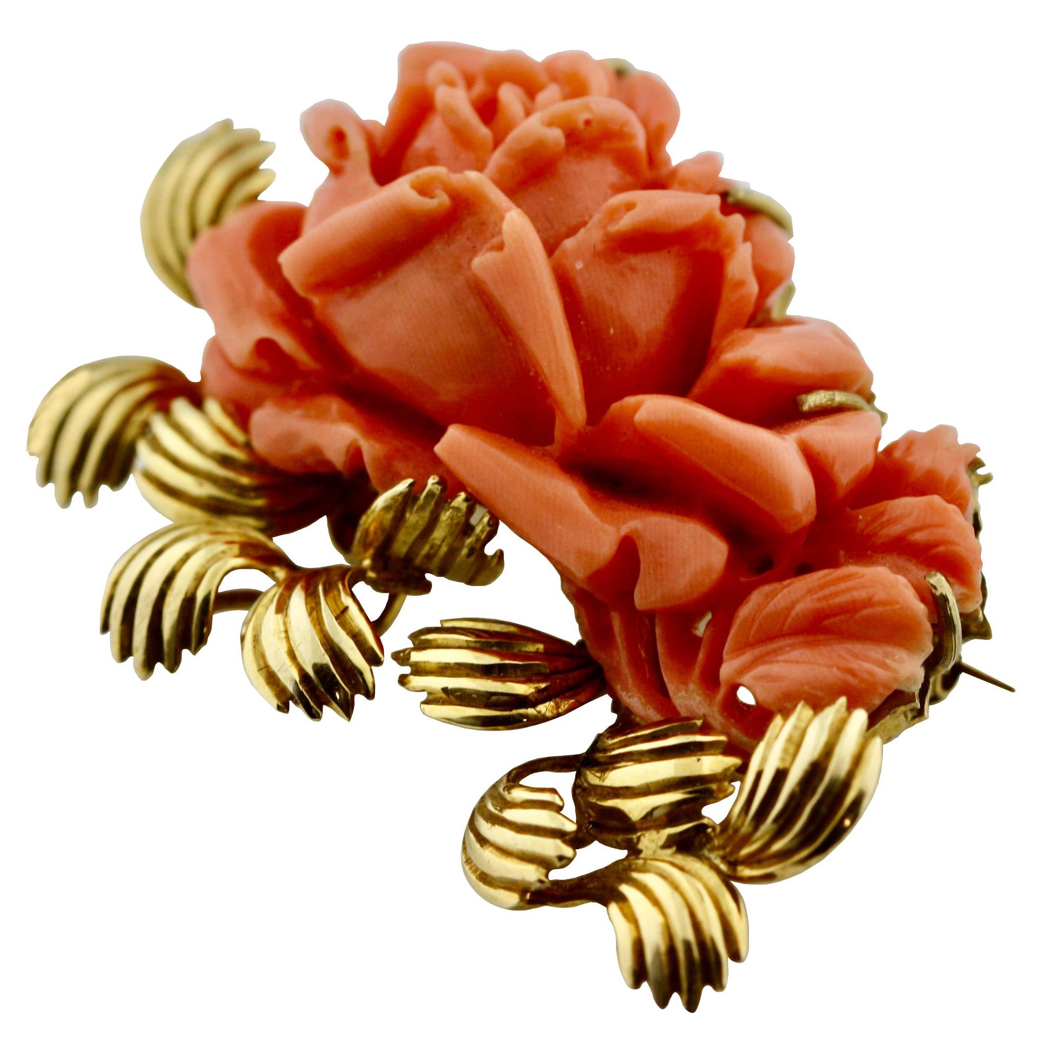 Carved Coral Brooch of a Rose Motif Carved from Coral