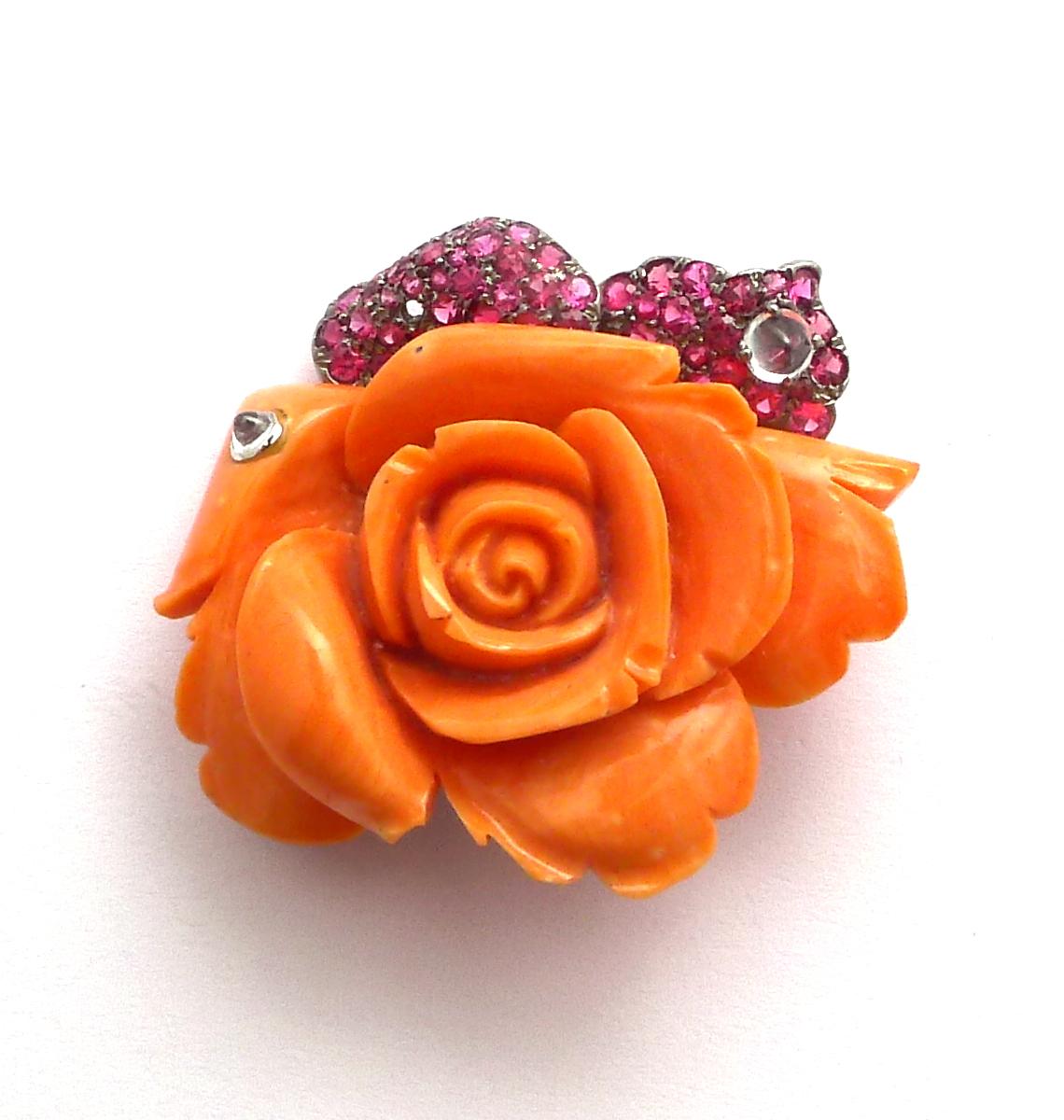 Art Deco Carved Coral, Spinel and Diamond Rose Brooch in 18 Karat Blackened Gold For Sale