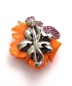 Carved Coral, Spinel and Diamond Rose Brooch in 18 Karat Blackened Gold