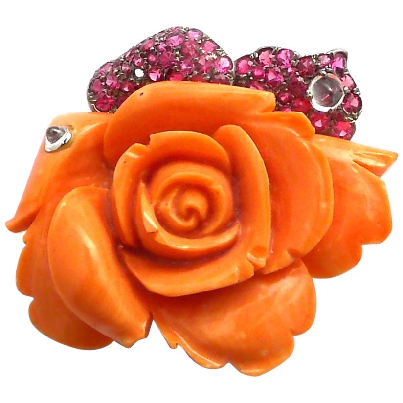 Carved Coral, Spinel and Diamond Rose Brooch in 18 Karat Blackened Gold For Sale