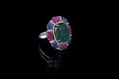 Geschnitzter Smaragd Rubin Blauer Saphir Baguette Diamant Tutti-Fruti Cocktail Ring