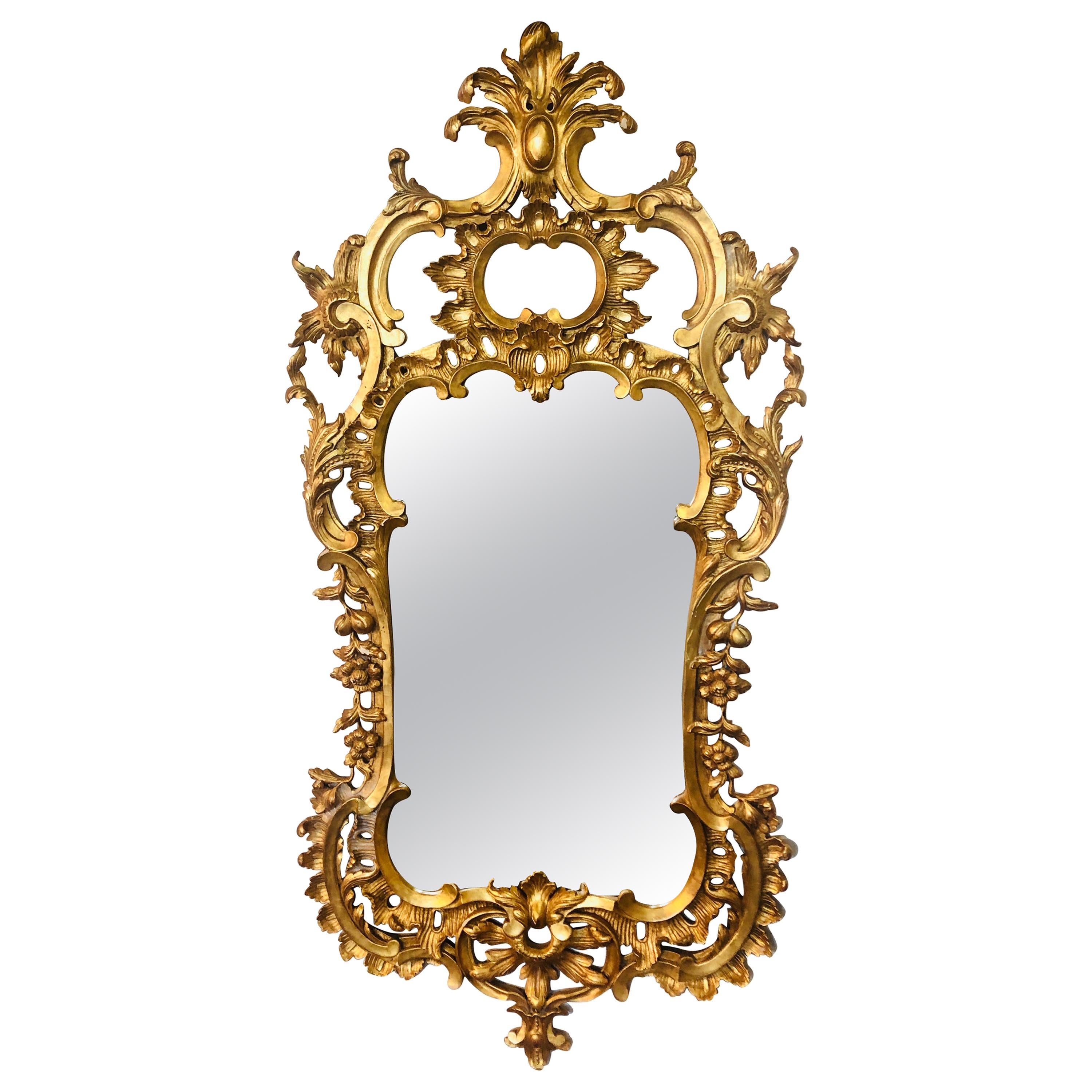 Carved Gilt Gold Leaf Italian Wall or Console Mirror in Rococo Renaissance Form