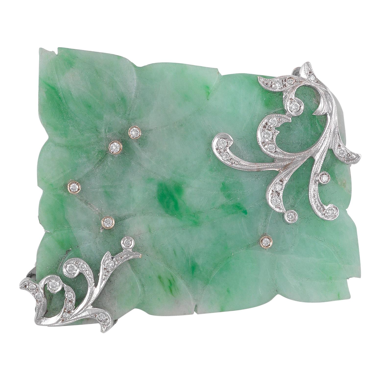 Art Deco Carved Jadeite Jade Platinum Brooch at 1stDibs