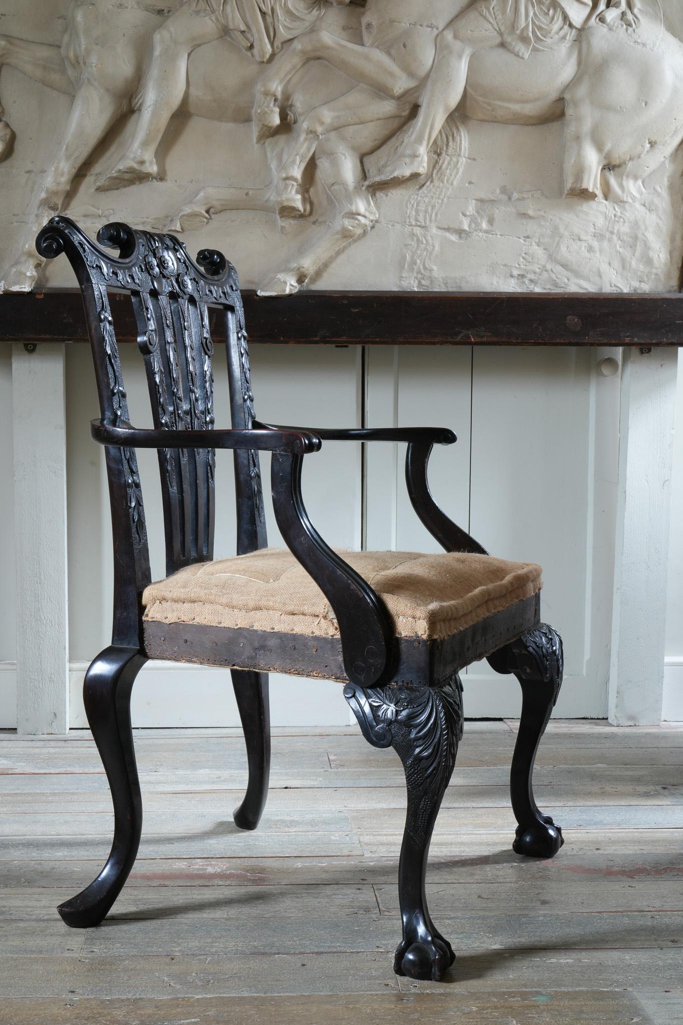 A Carved Mahogany George II Style Open Armchair 8