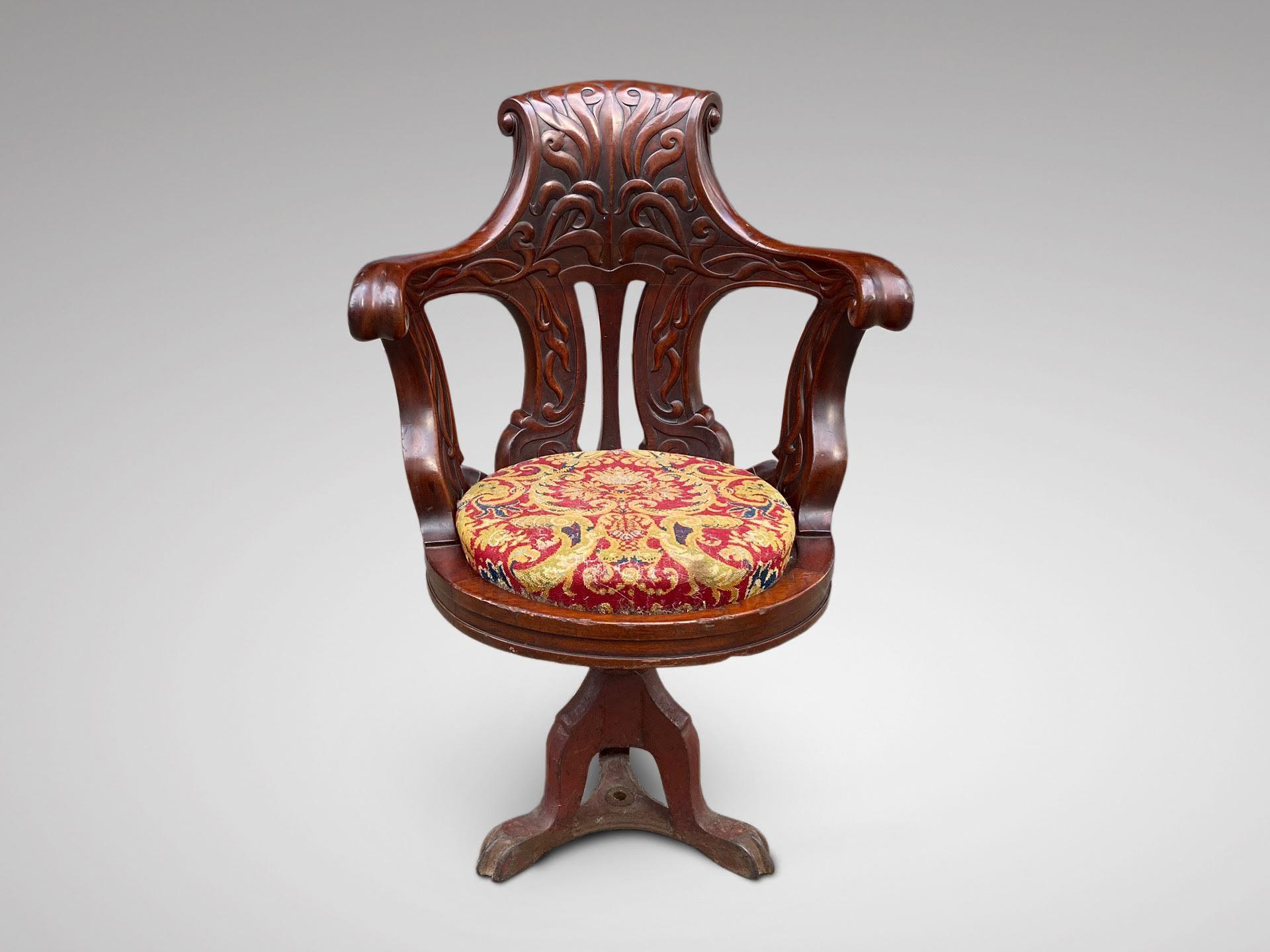 A beautiful carved mahogany dining chair, from the Second Class dining saloon from the White Star Line RMS Olympic, and identical to the ones that were on board of the sister ship the Titanic. It is made from mahogany, carved in the Art Nouveau