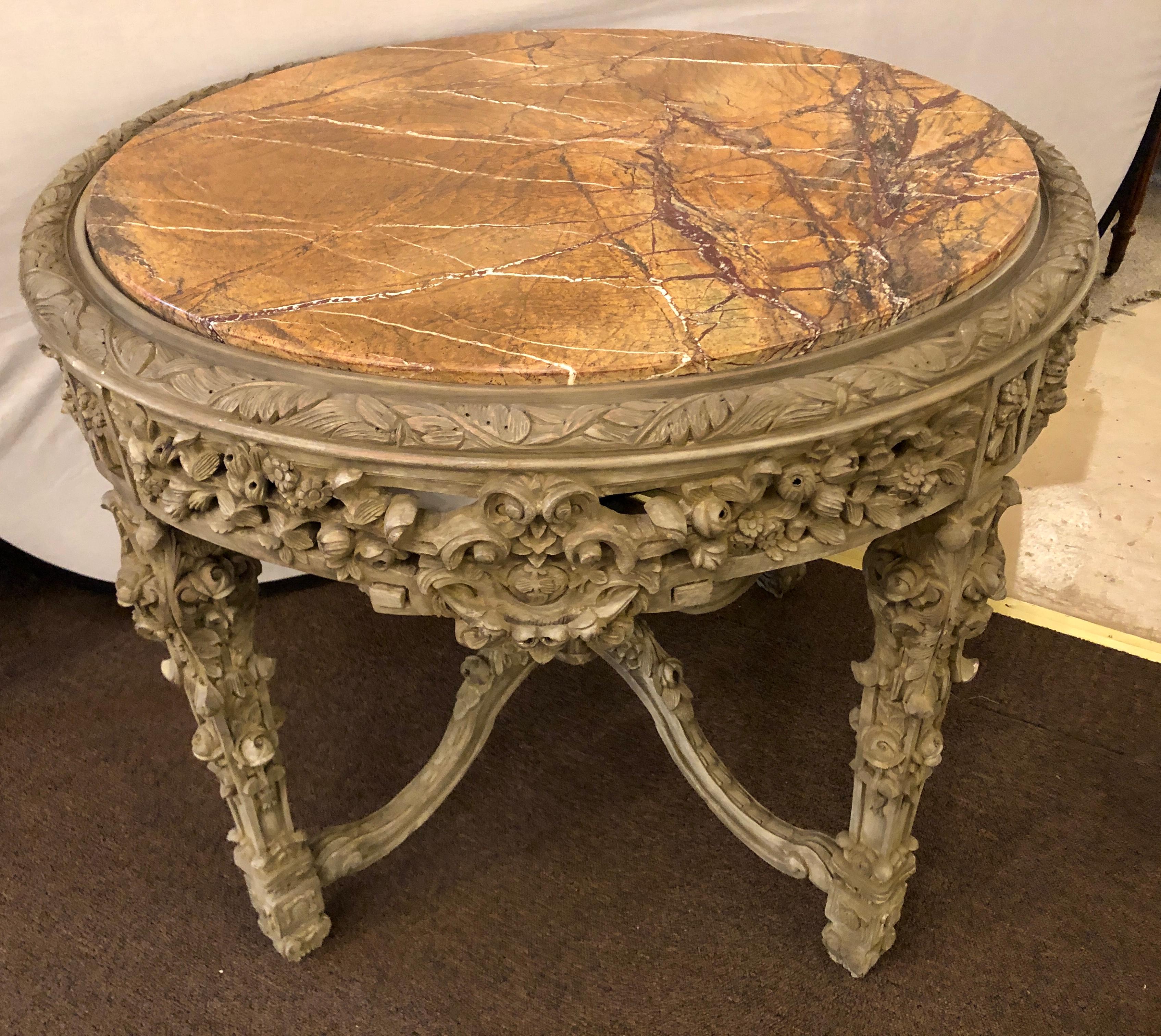 Carved Marble Top Rose and Grape with Leaf Decorated Center, Dining or End Table 4
