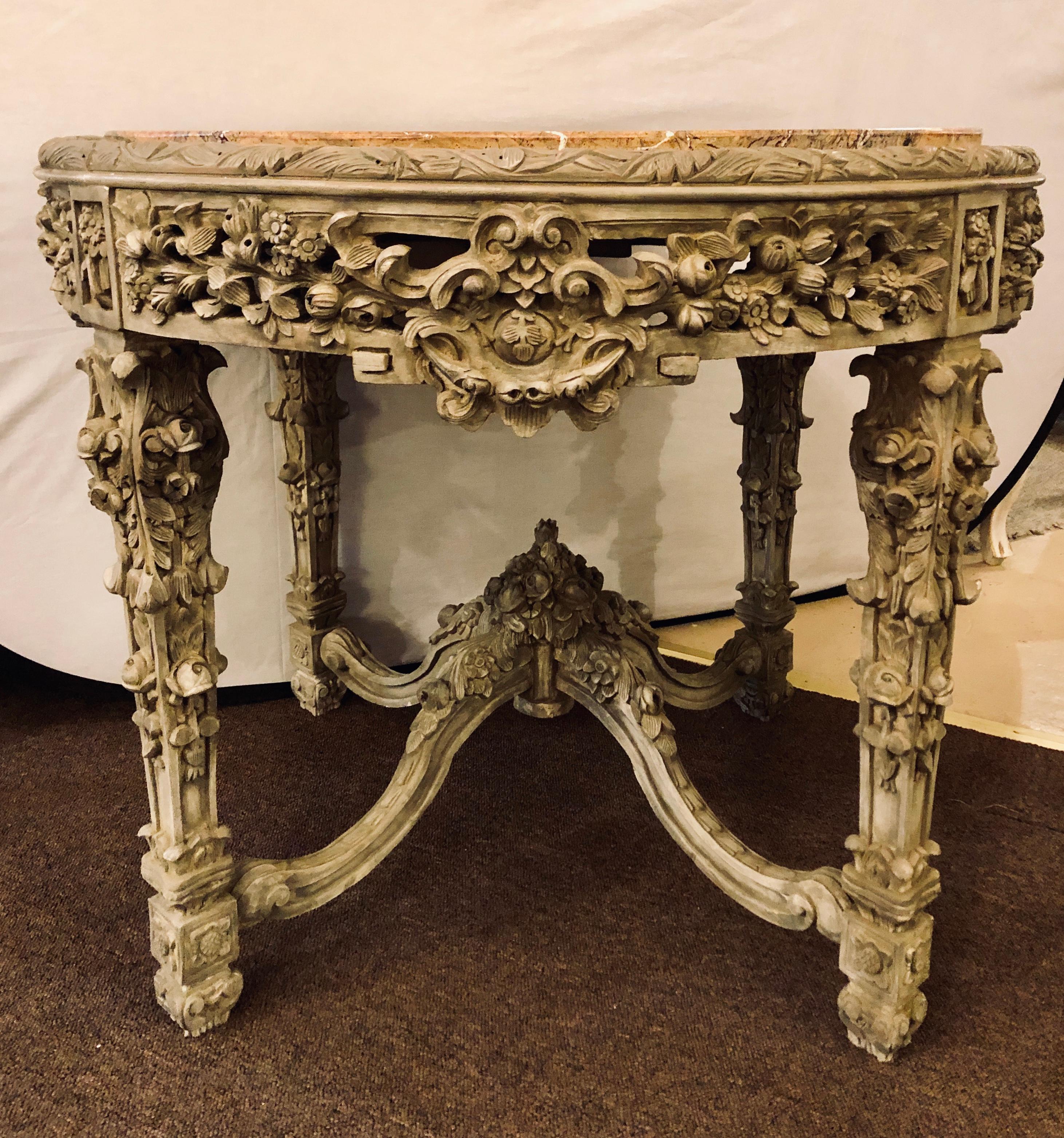 Neoclassical Carved Marble Top Rose and Grape with Leaf Decorated Center, Dining or End Table