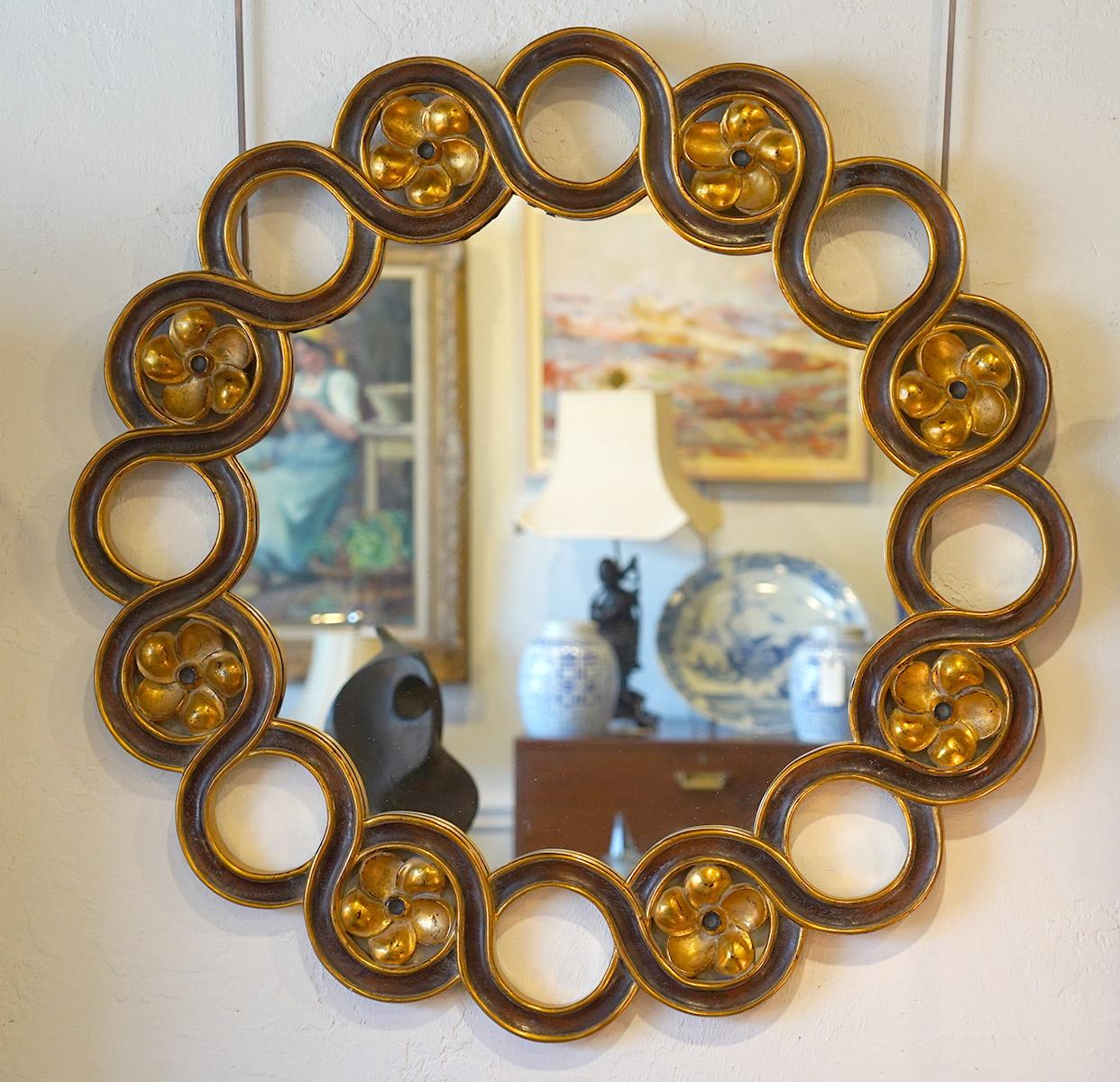 American Carved Mid Century Paint and Parcel Gilt Mirror by Harrison & Gil for Dauphine
