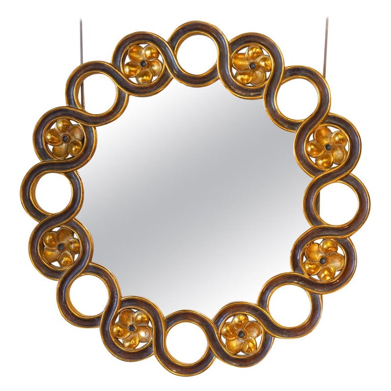 Carved Mid Century Paint and Parcel Gilt Mirror by Harrison and Gil for