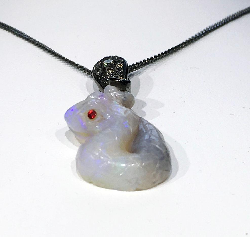 Opal Snake Pendant Set with Coniac Diamonds and Red Sapphires For Sale 4