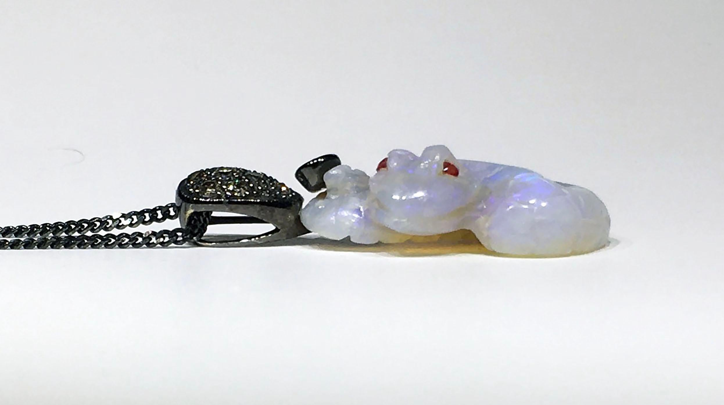 Opal Snake Pendant Set with Coniac Diamonds and Red Sapphires For Sale 7