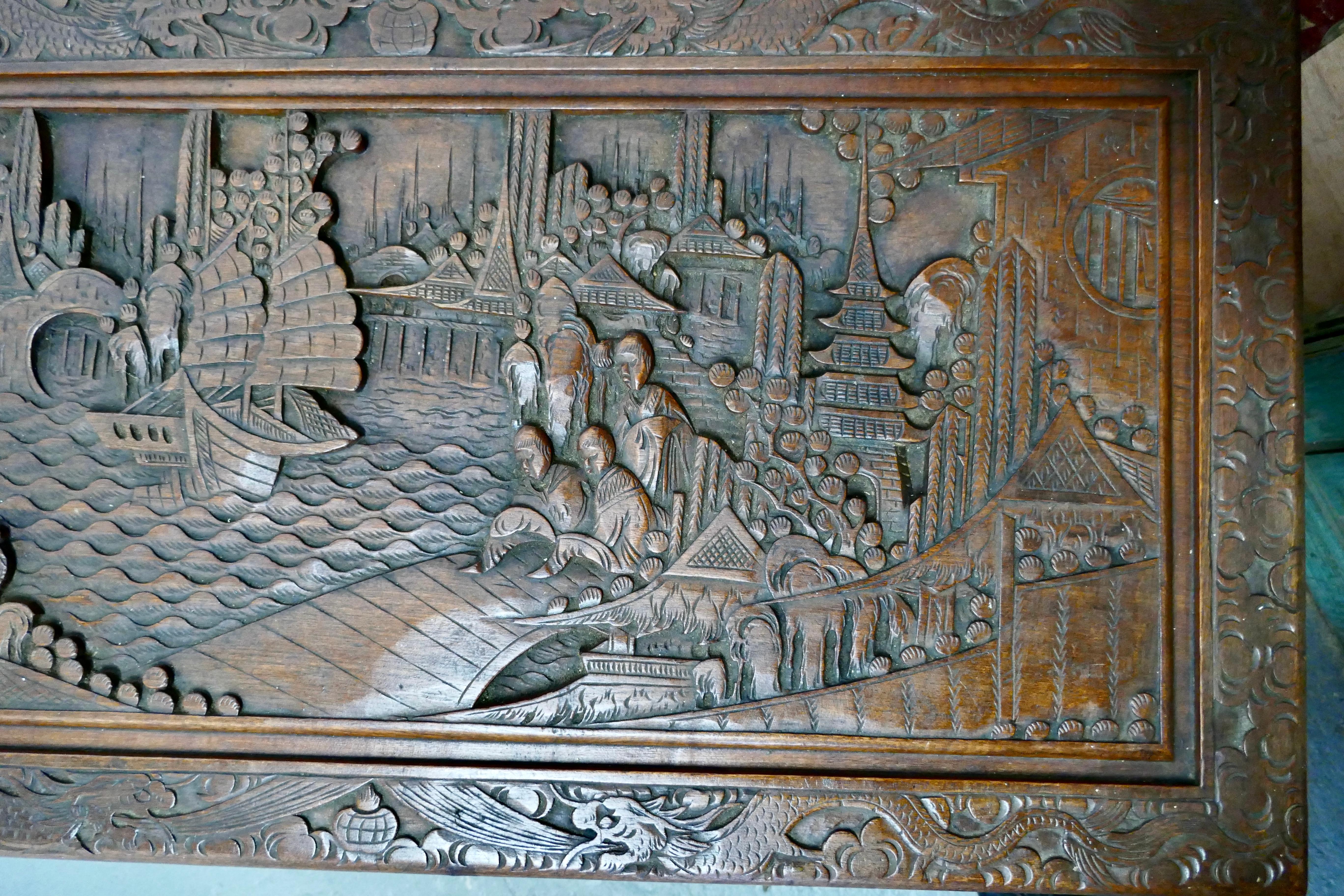 Chinese Export Carved Oriental Camphor Wood Chest