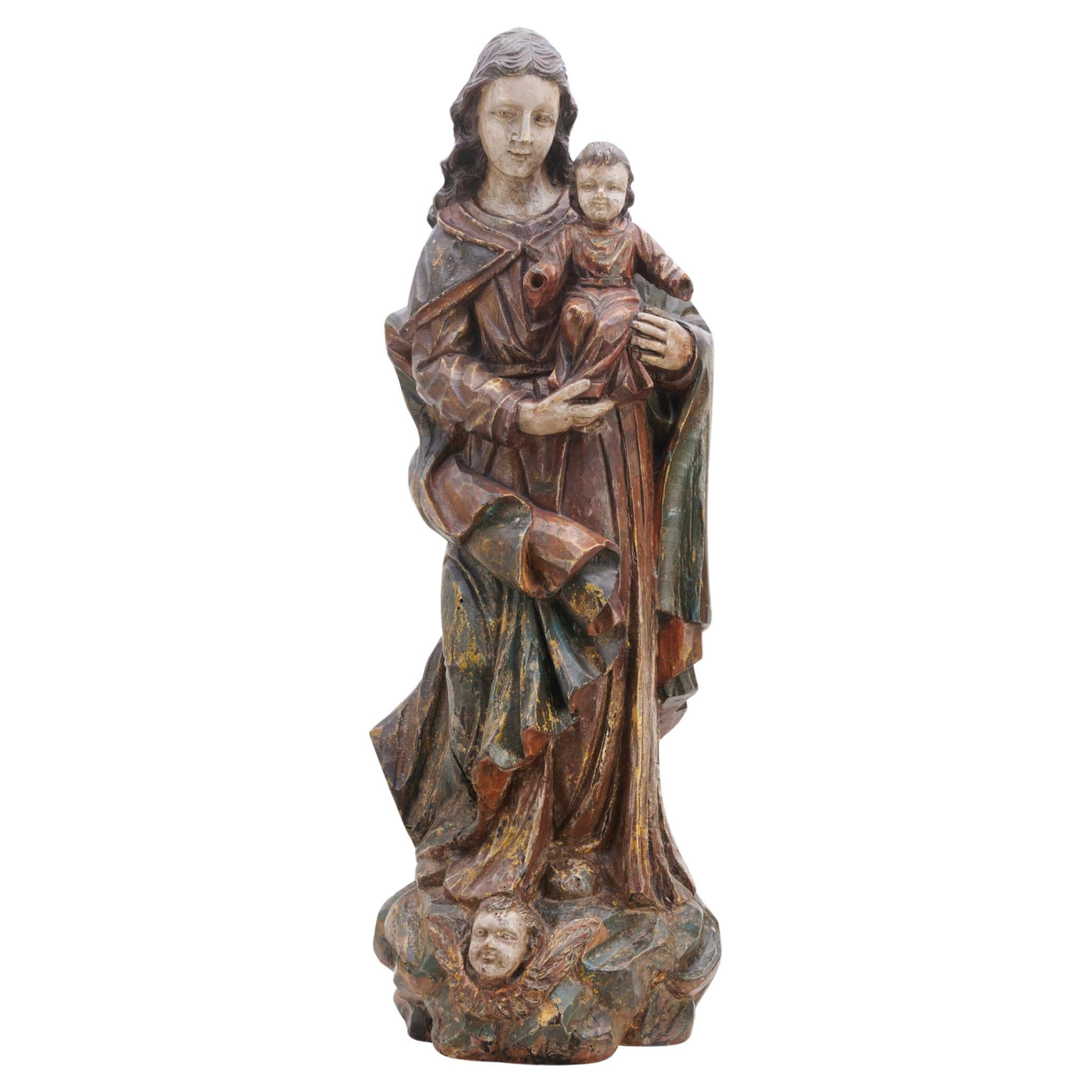 Figura tallada y pintada policromada de la Virgen y Cristo, siglo XVIII