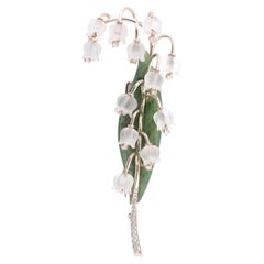 Carved Quartz Serpentine and Diamond Lily of the Valley Brooch