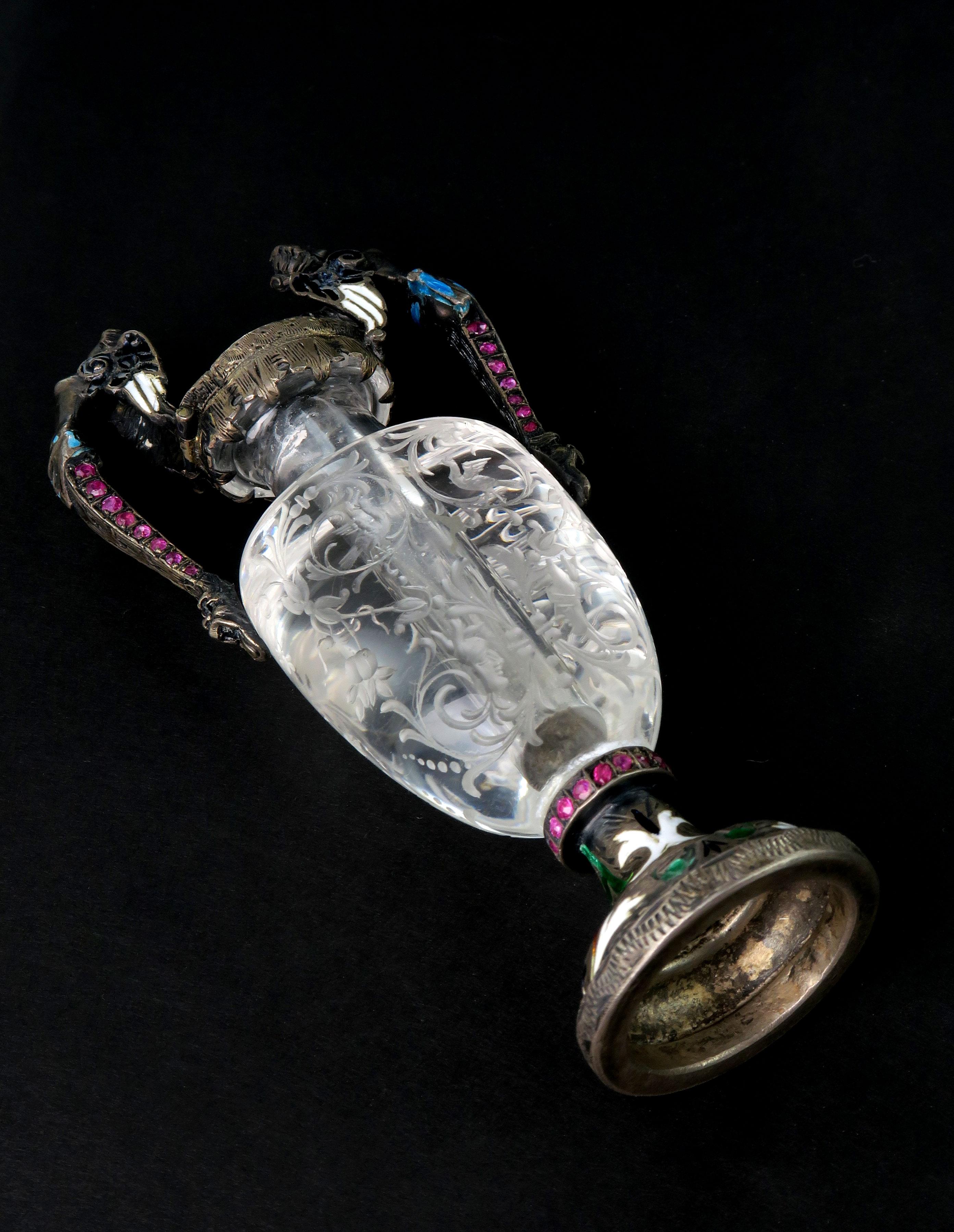 A Carved Rock Crystal, Enameled Silver Gem Set Miniature Vase, Austria, 1880 For Sale 4