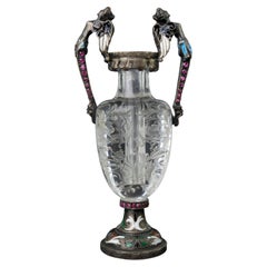A Carved Rock Crystal, Enameled Silver Gem Set Miniature Vase, Austria, 1880
