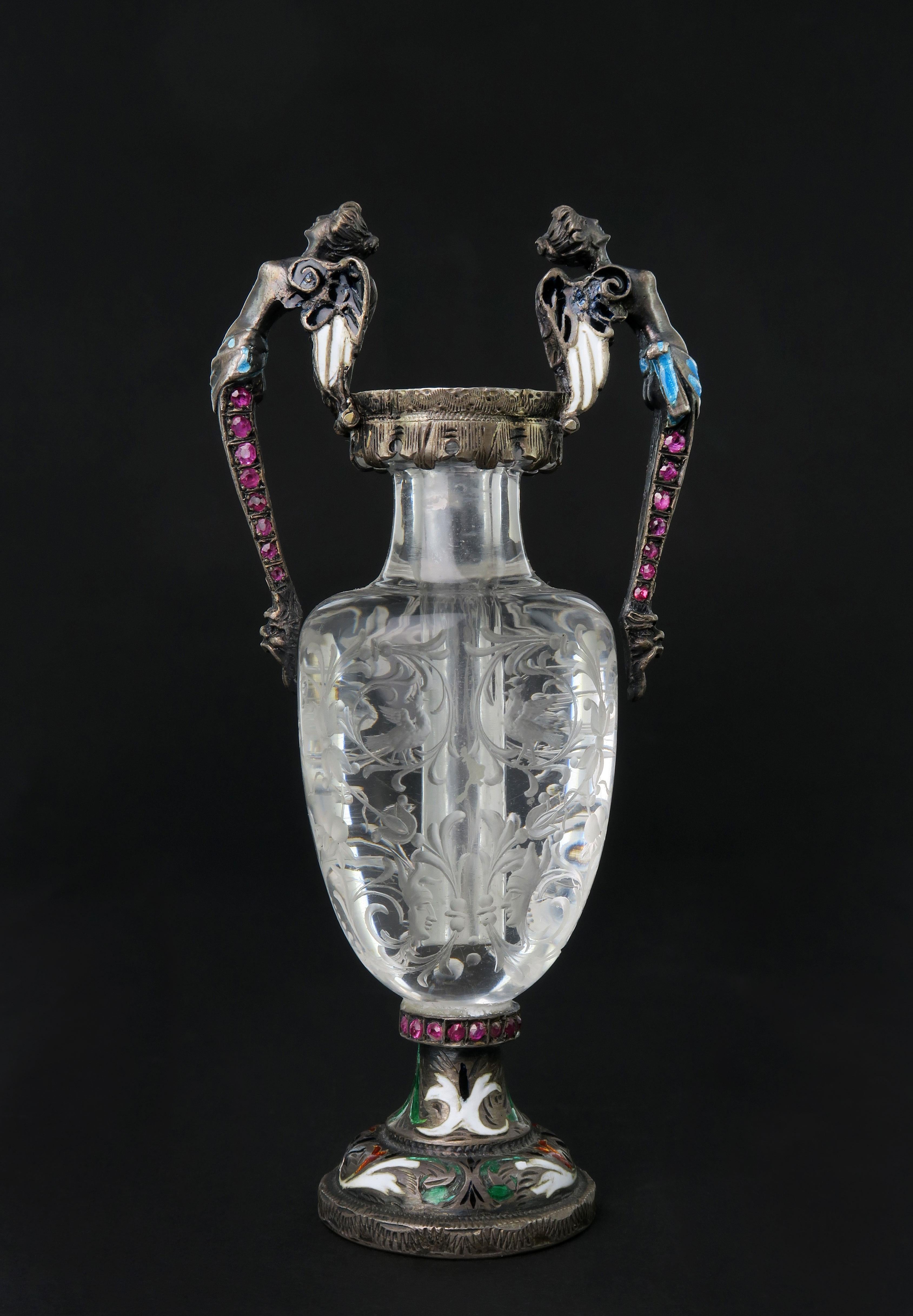 Victorian A Carved Rock Crystal, Enameled Silver Gem Set Miniature Vase, Austria, 1880 For Sale