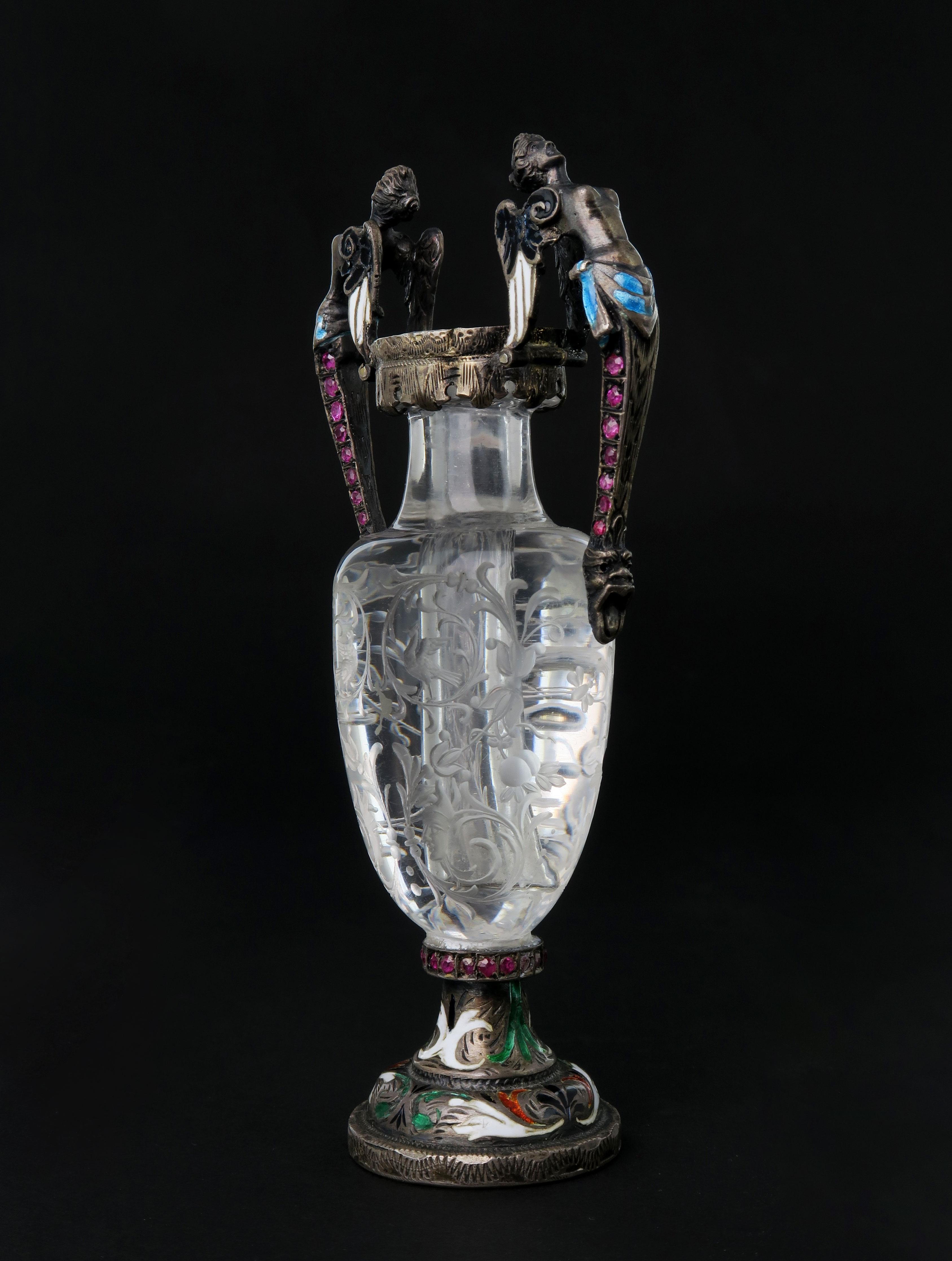 Austrian A Carved Rock Crystal, Enameled Silver Gem Set Miniature Vase, Austria, 1880 For Sale