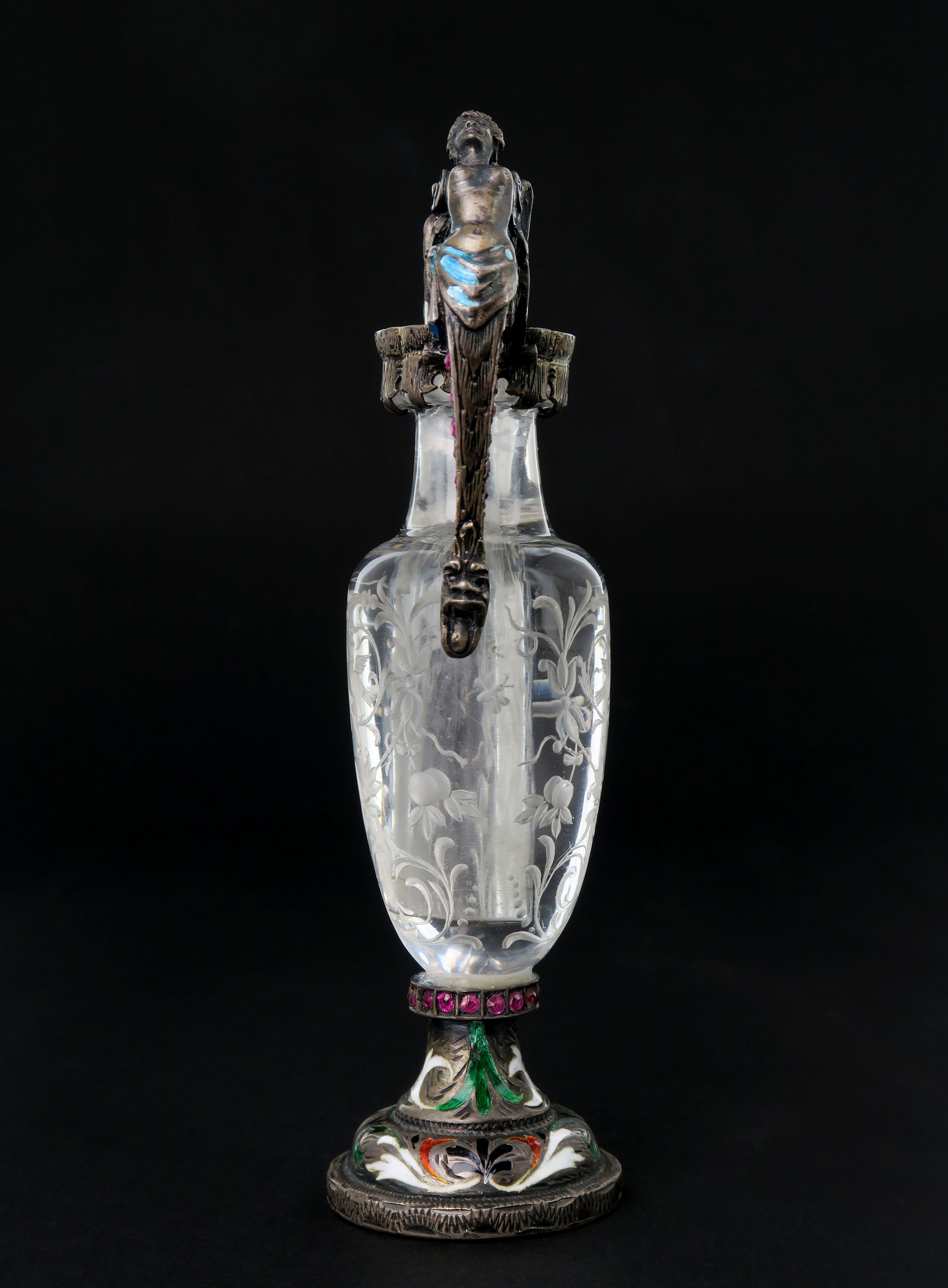 A Carved Rock Crystal, Enameled Silver Gem Set Miniature Vase, Austria, 1880 In Good Condition For Sale In Pasadena, CA