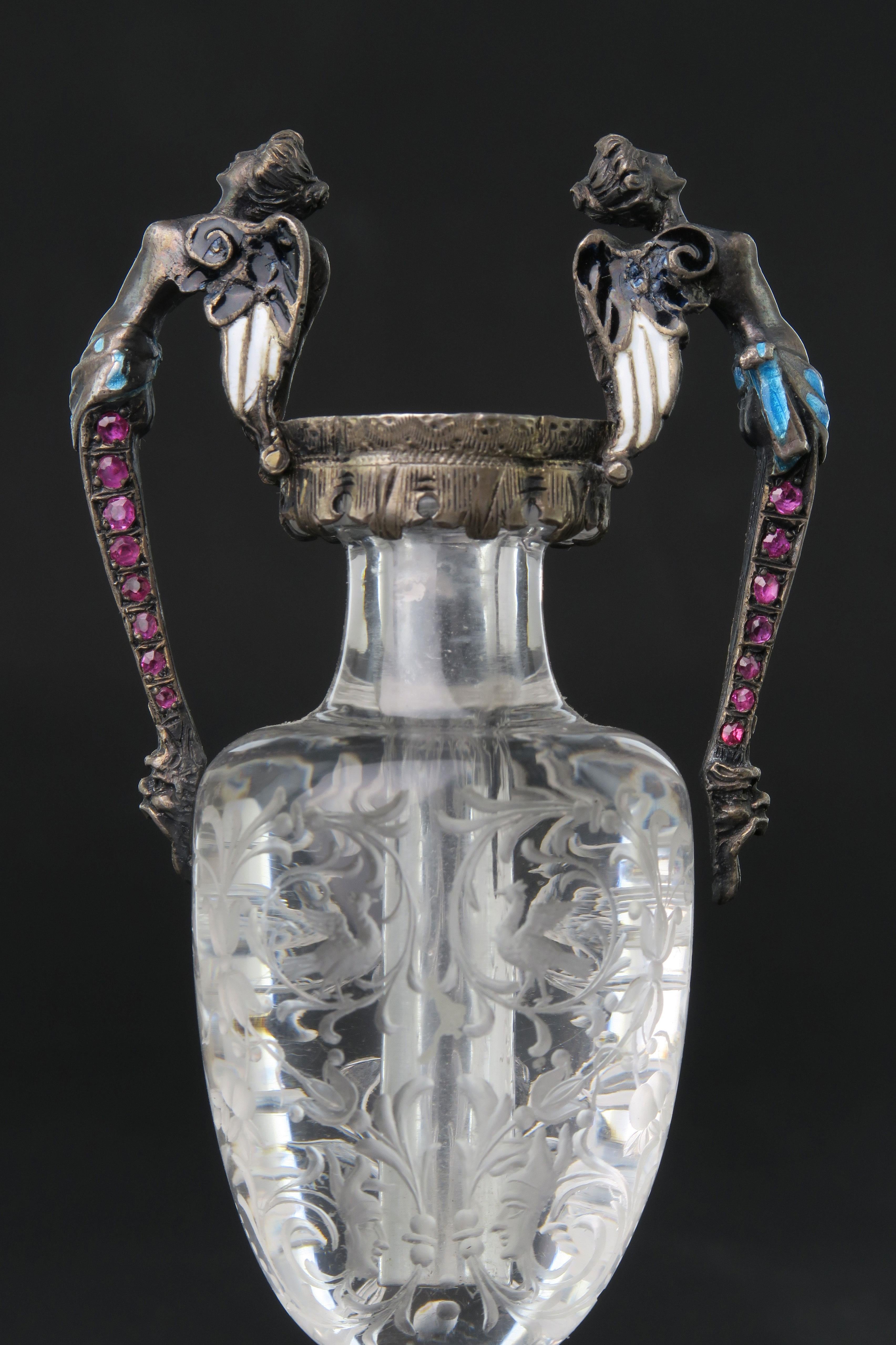 19th Century A Carved Rock Crystal, Enameled Silver Gem Set Miniature Vase, Austria, 1880 For Sale