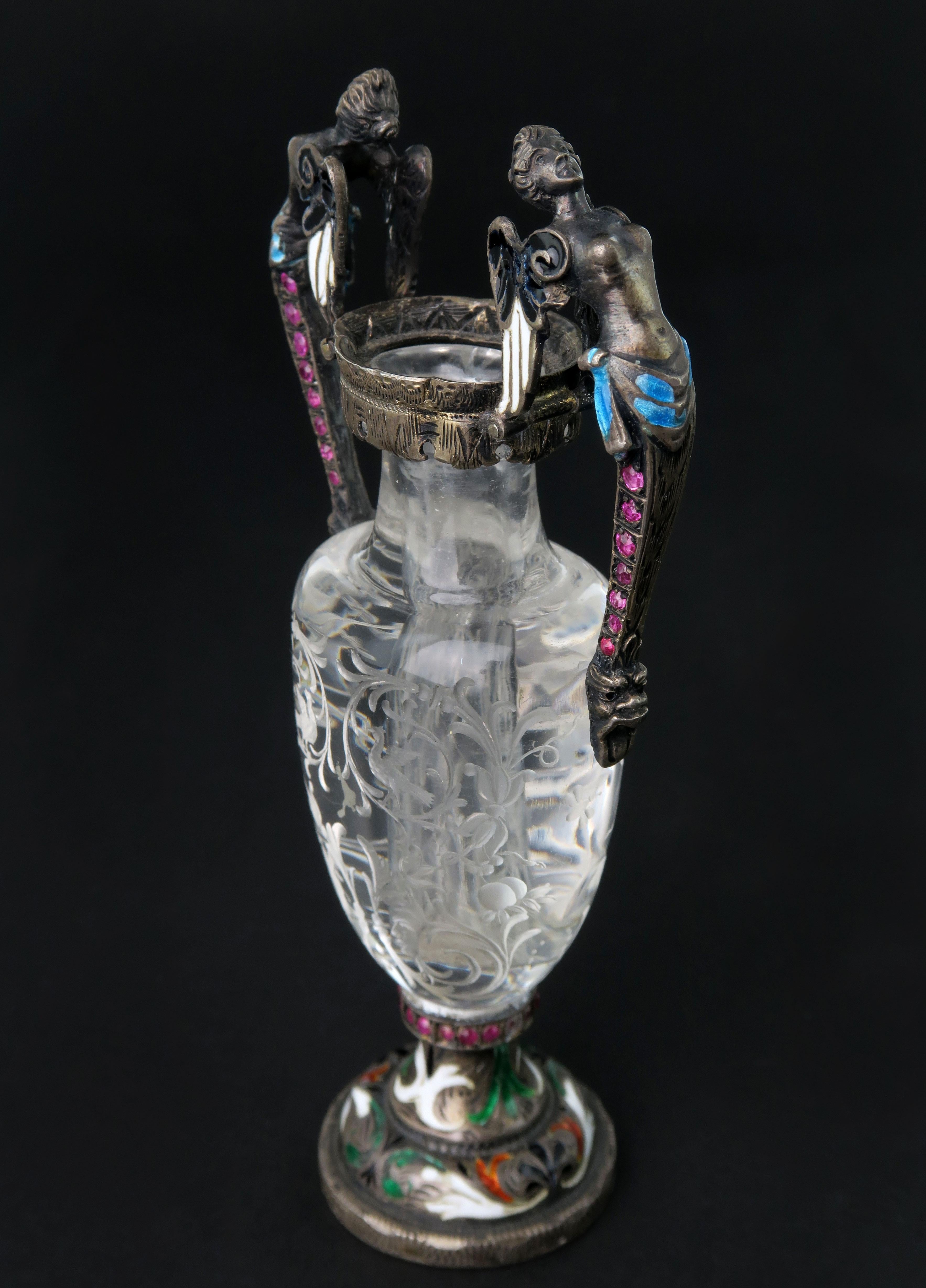 A Carved Rock Crystal, Enameled Silver Gem Set Miniature Vase, Austria, 1880 For Sale 1