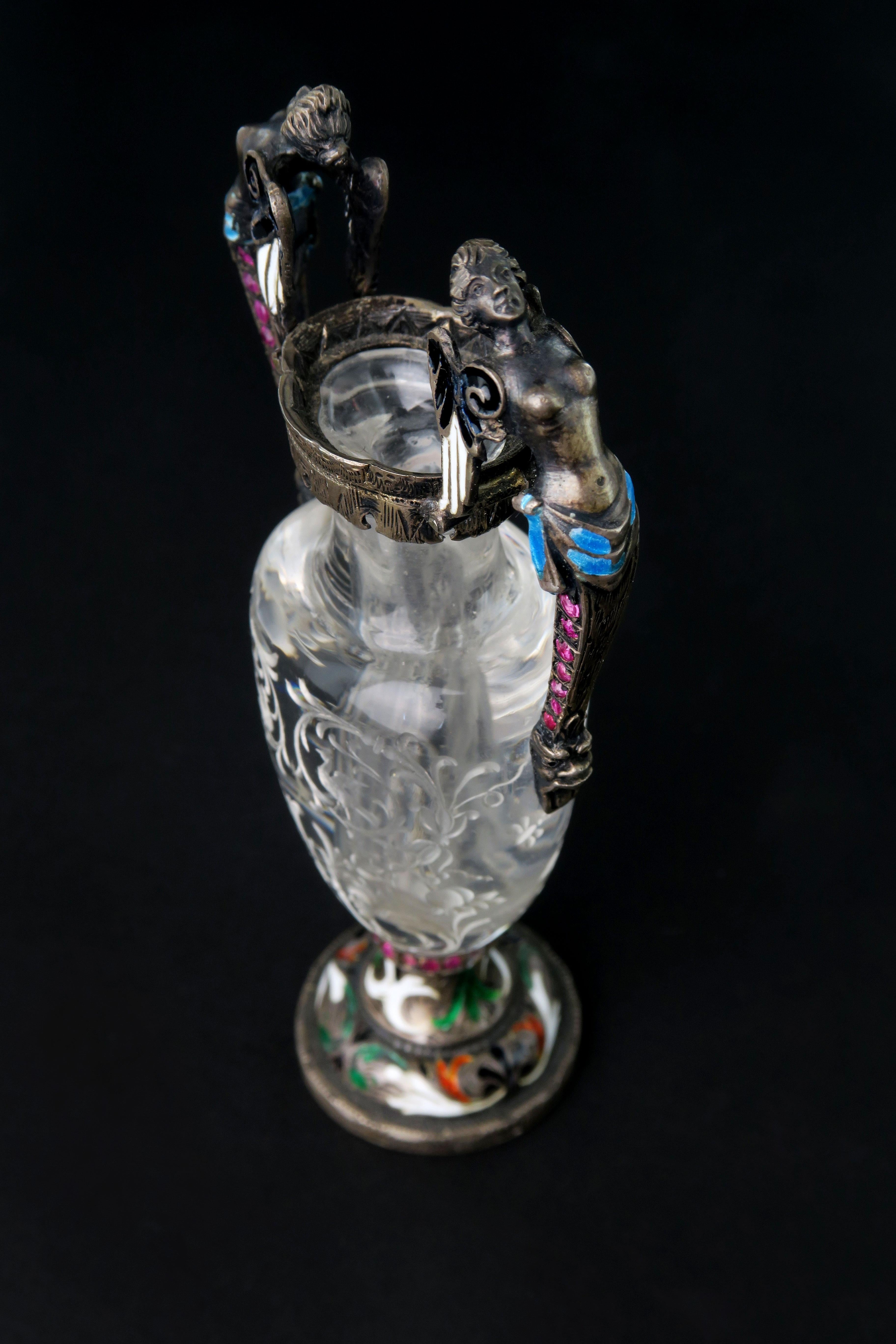 A Carved Rock Crystal, Enameled Silver Gem Set Miniature Vase, Austria, 1880 For Sale 2