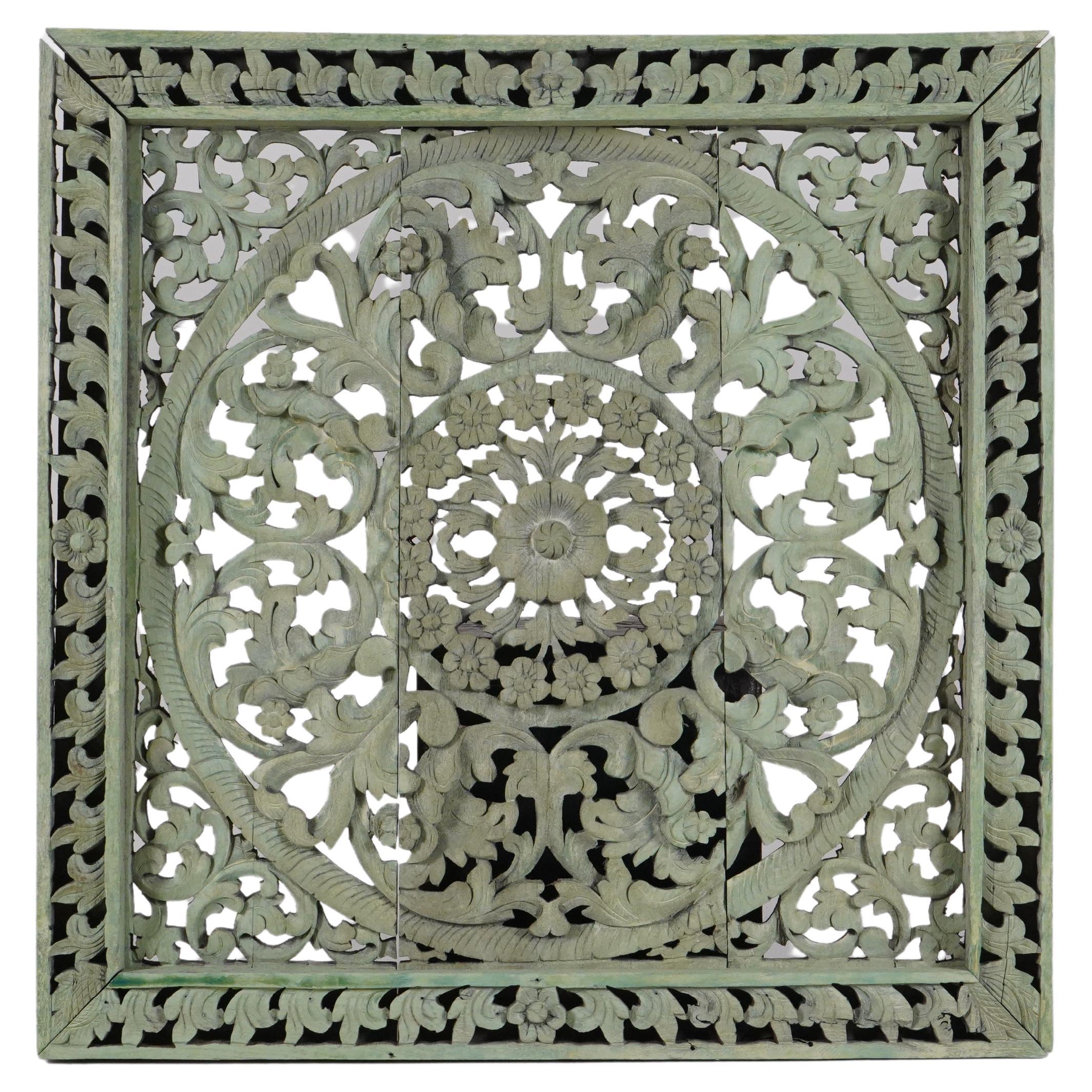 A Carved Teak Wood Lotus Flower Ceiling Panel 3'x3' For Sale