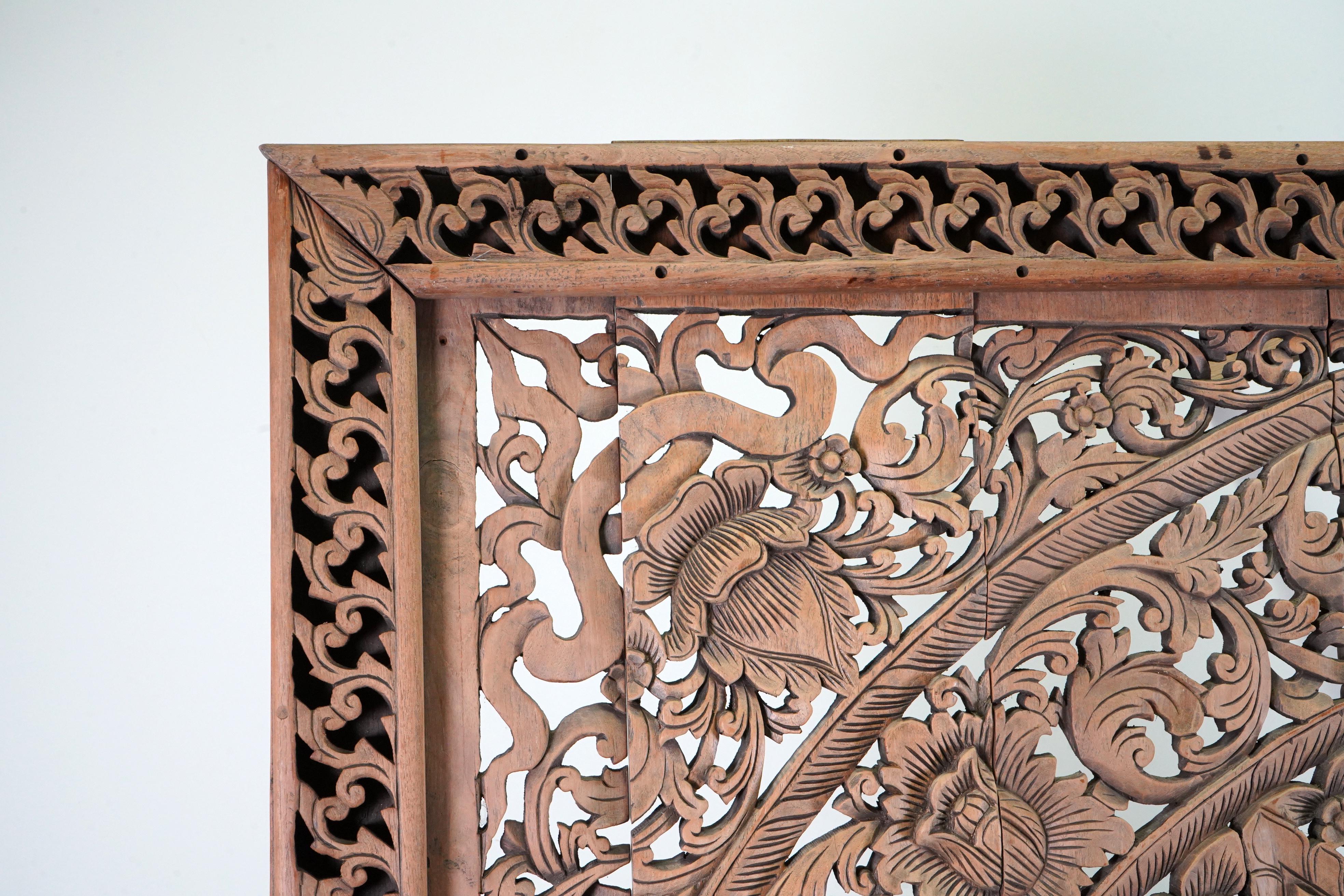 A Carved Teak Wood Lotus Flower Panel 8' x 8' 4