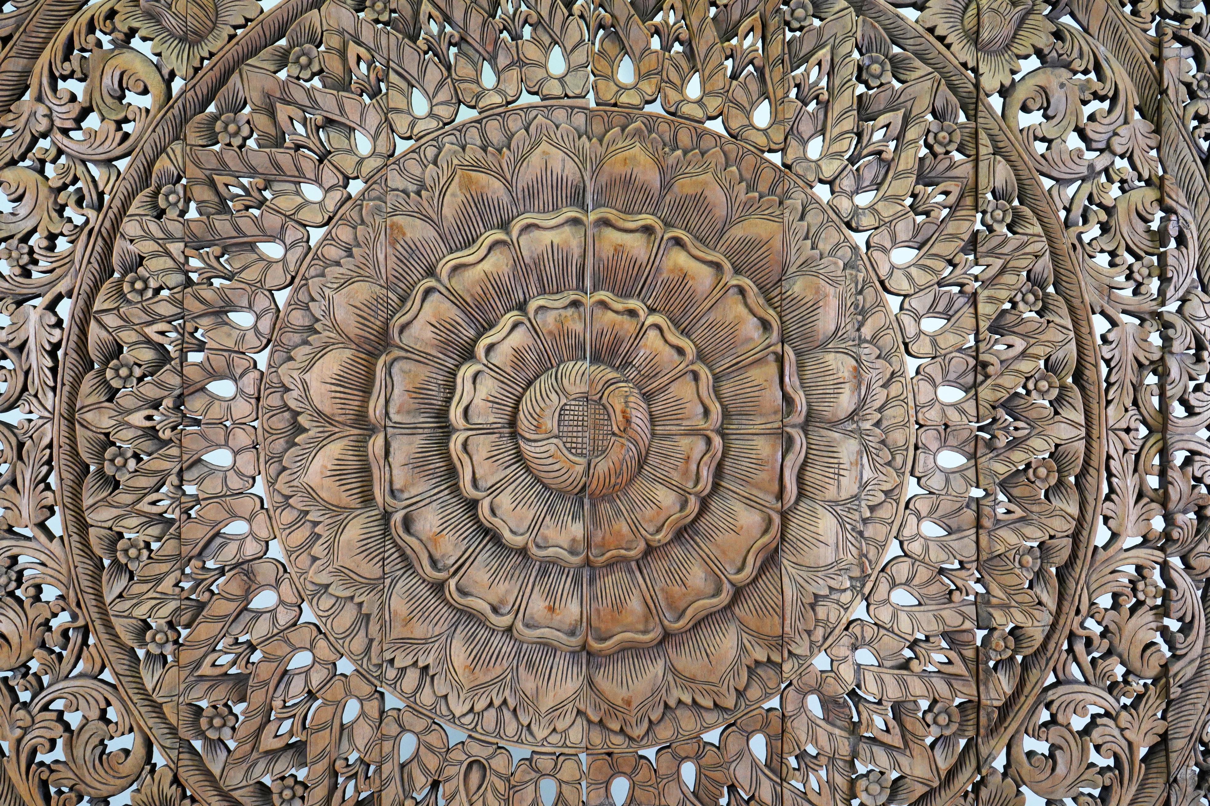Thai A Carved Teak Wood Lotus Flower Panel 8' x 8'