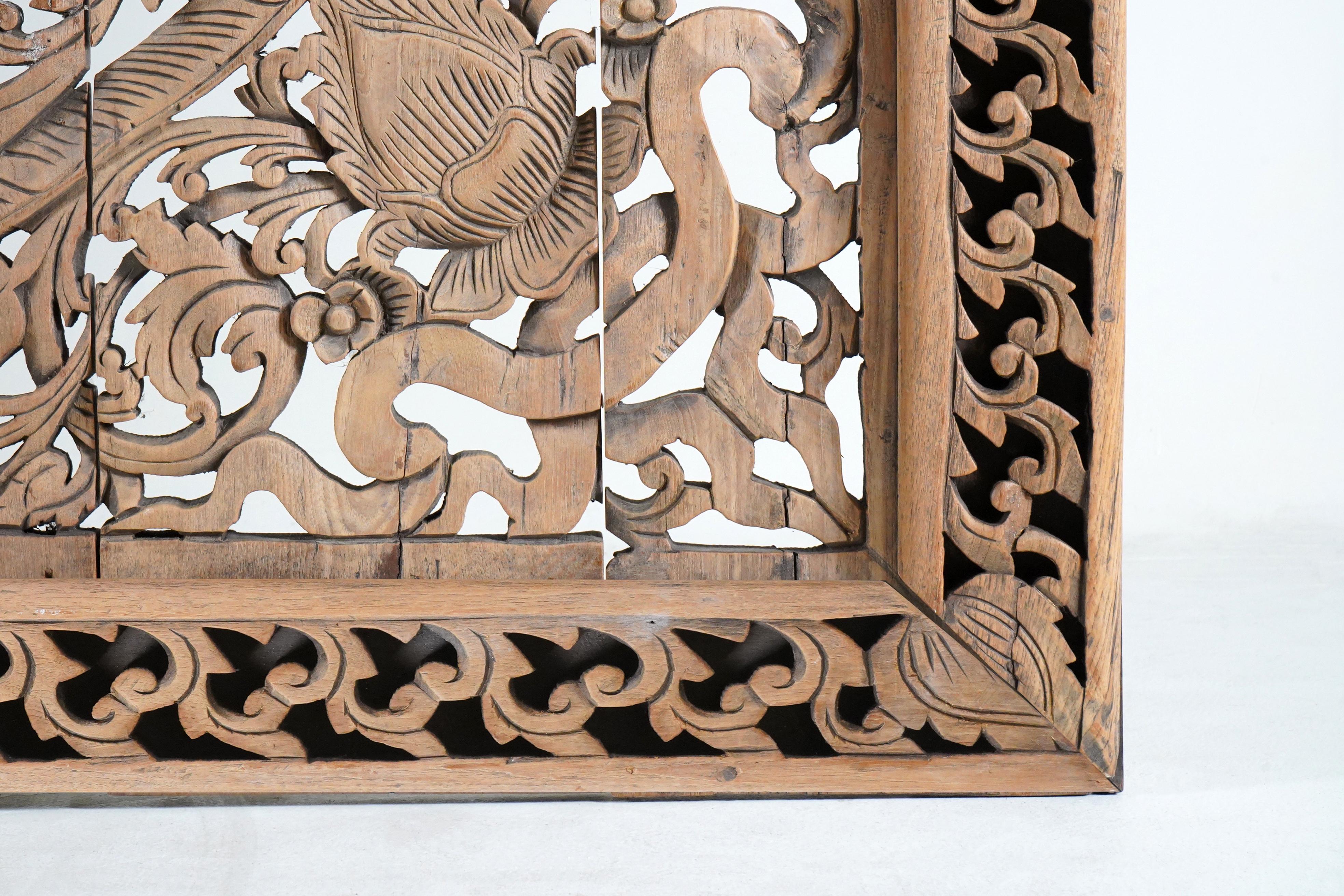 Hand-Carved A Carved Teak Wood Lotus Flower Panel 8' x 8'
