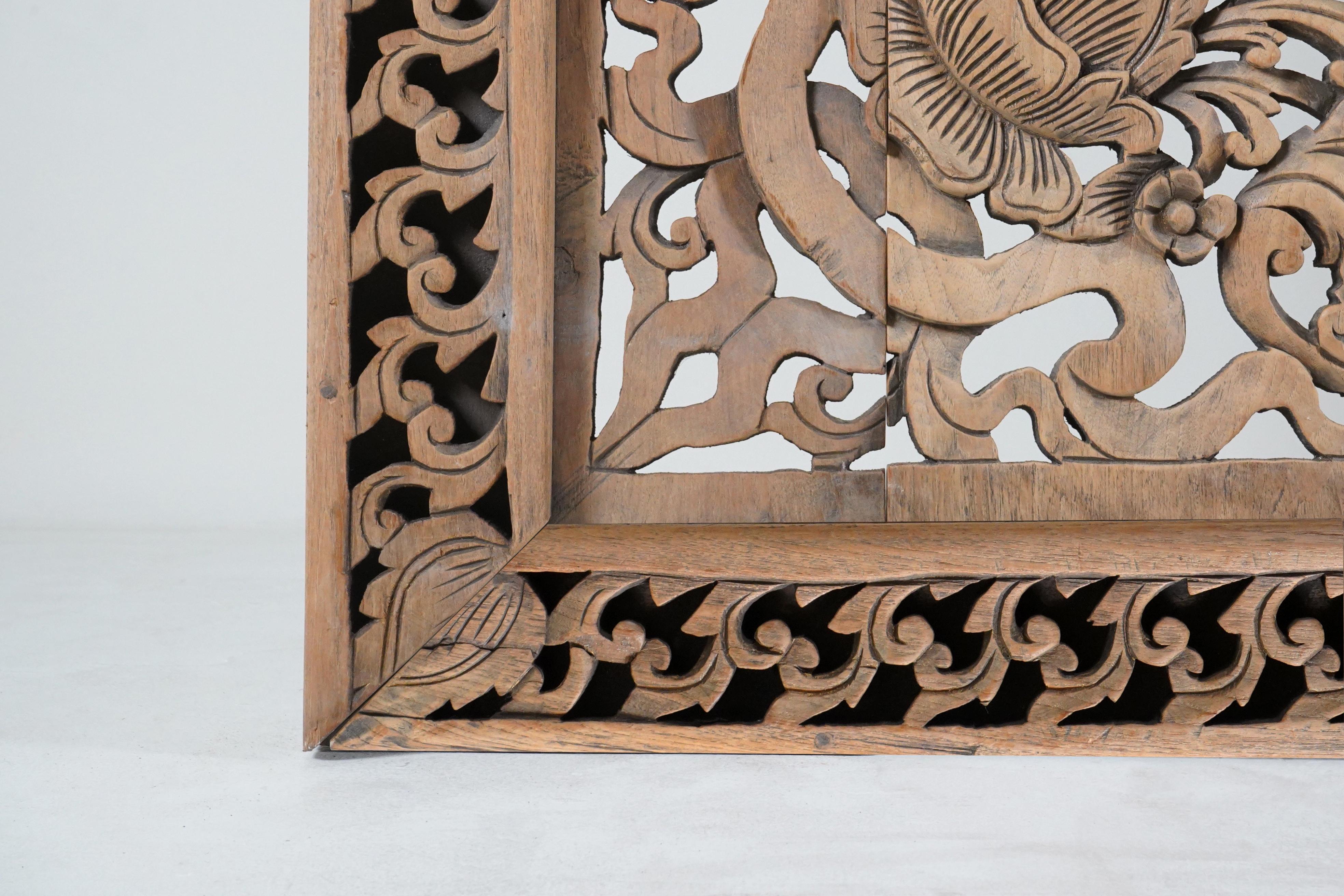 A Carved Teak Wood Lotus Flower Panel 8' x 8' In Good Condition In Chicago, IL