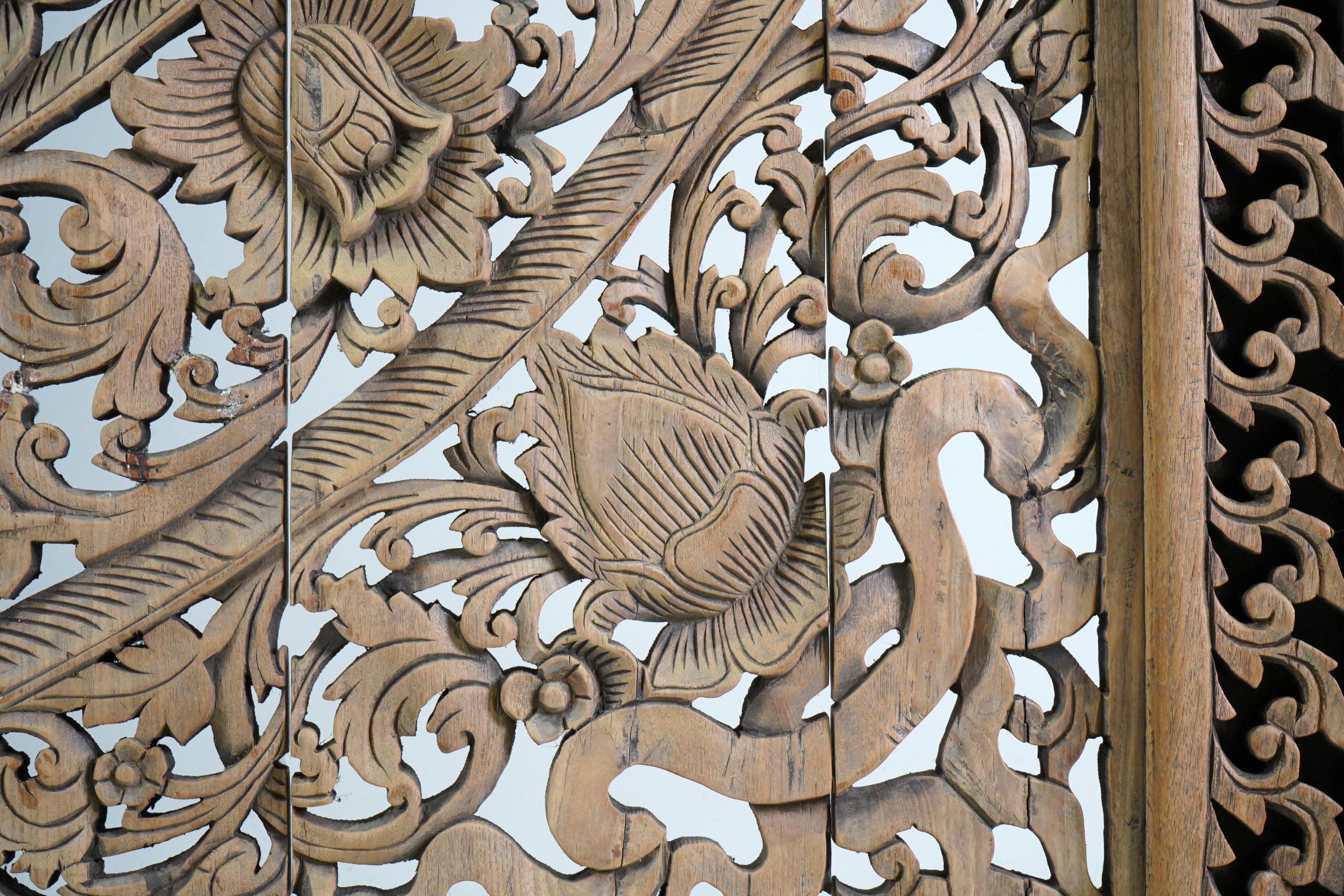 A Carved Teak Wood Lotus Flower Panel 8' x 8' 2