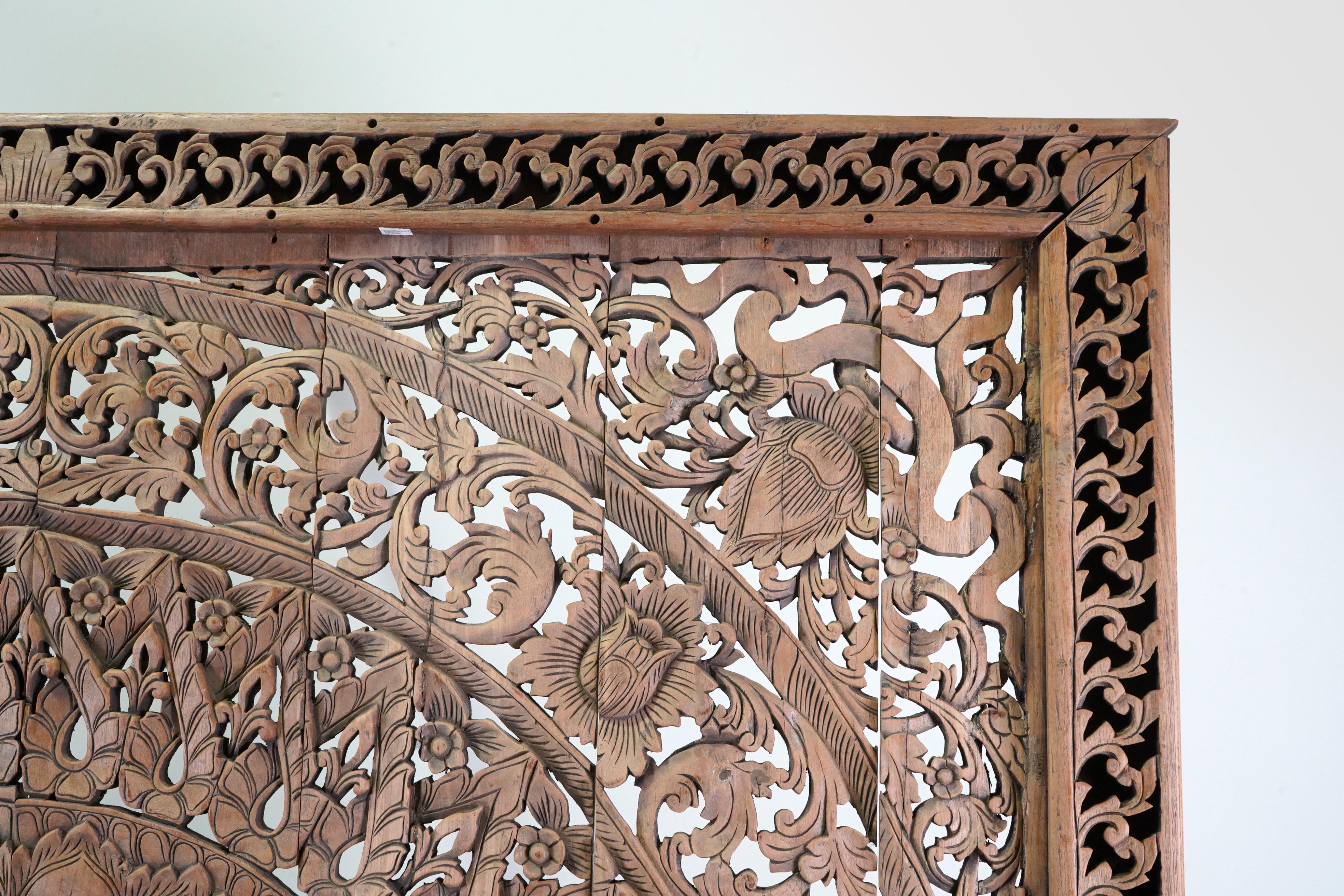 A Carved Teak Wood Lotus Flower Panel 8' x 8' 3