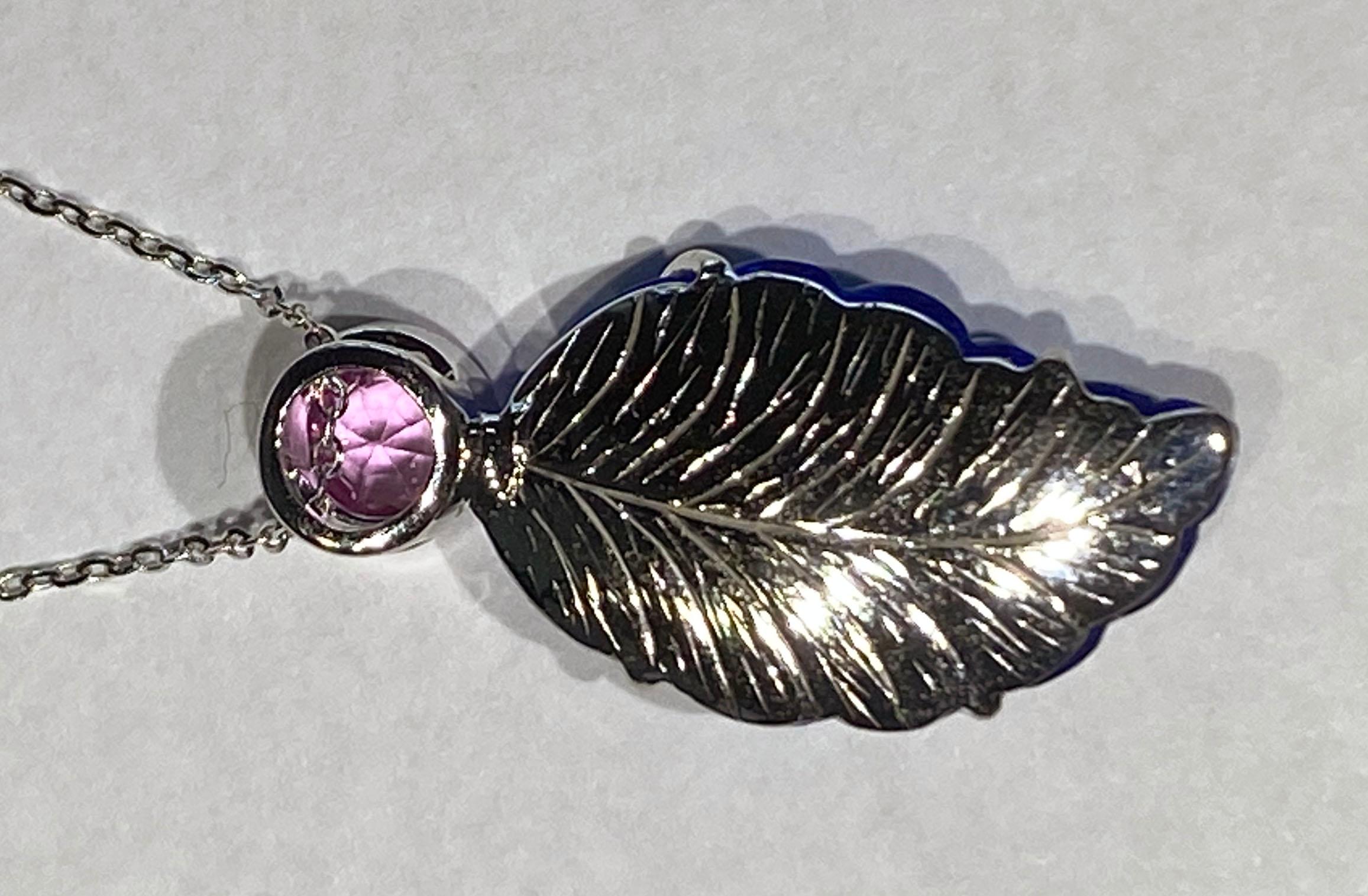 Carved Topaz Leaf Pendant Accented with a Light Pink Sapphire For Sale 6
