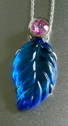 Carved Topaz Leaf Pendant Accented with a Light Pink Sapphire