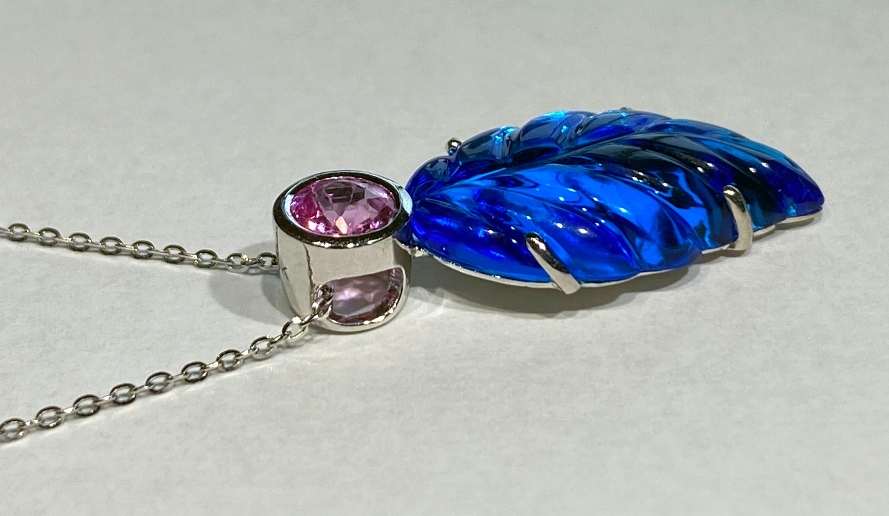 Women's or Men's Carved Topaz Leaf Pendant Accented with a Light Pink Sapphire For Sale