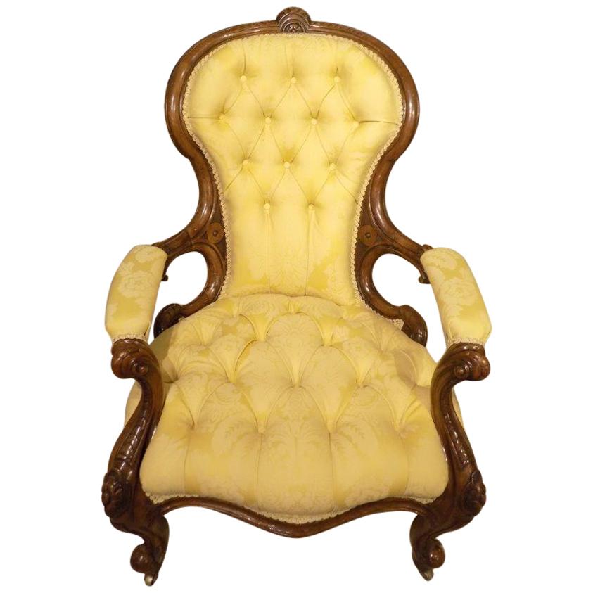 Carved Walnut Victorian Deep Buttoned Antique Armchair For Sale