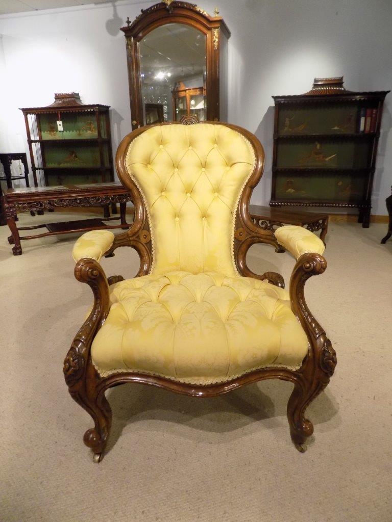 Carved Walnut Victorian Period Deep Buttoned Antique Armchair Gold Upholstery For Sale 7