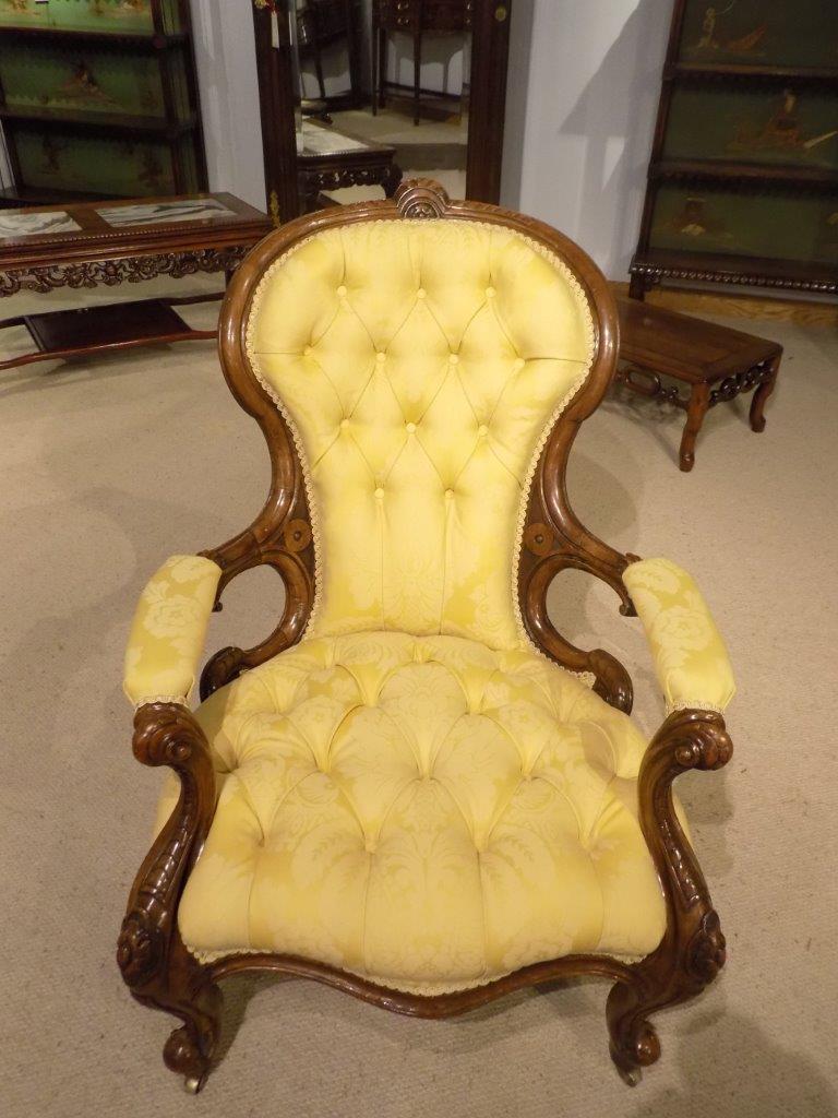 Carved Walnut Victorian Period Deep Buttoned Antique Armchair Gold Upholstery For Sale 8
