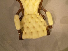 Carved Walnut Victorian Period Deep Buttoned Antique Armchair Gold Upholstery