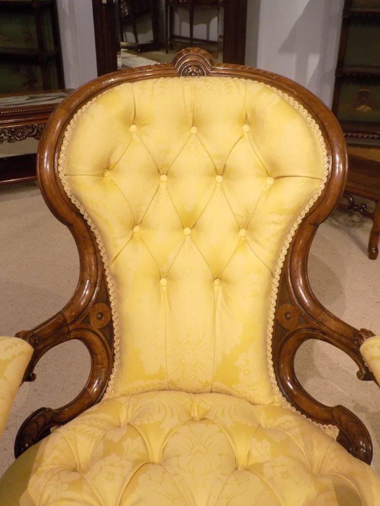 Carved Walnut Victorian Period Deep Buttoned Antique Armchair Gold Upholstery For Sale 2