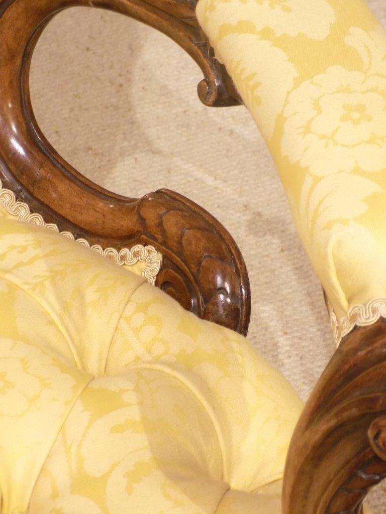 Carved Walnut Victorian Period Deep Buttoned Antique Armchair Gold Upholstery For Sale 3
