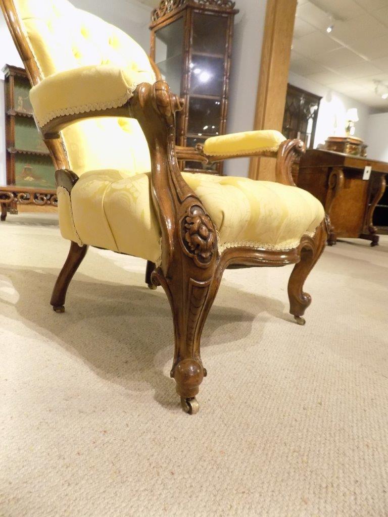 Carved Walnut Victorian Period Deep Buttoned Antique Armchair Gold Upholstery For Sale 4