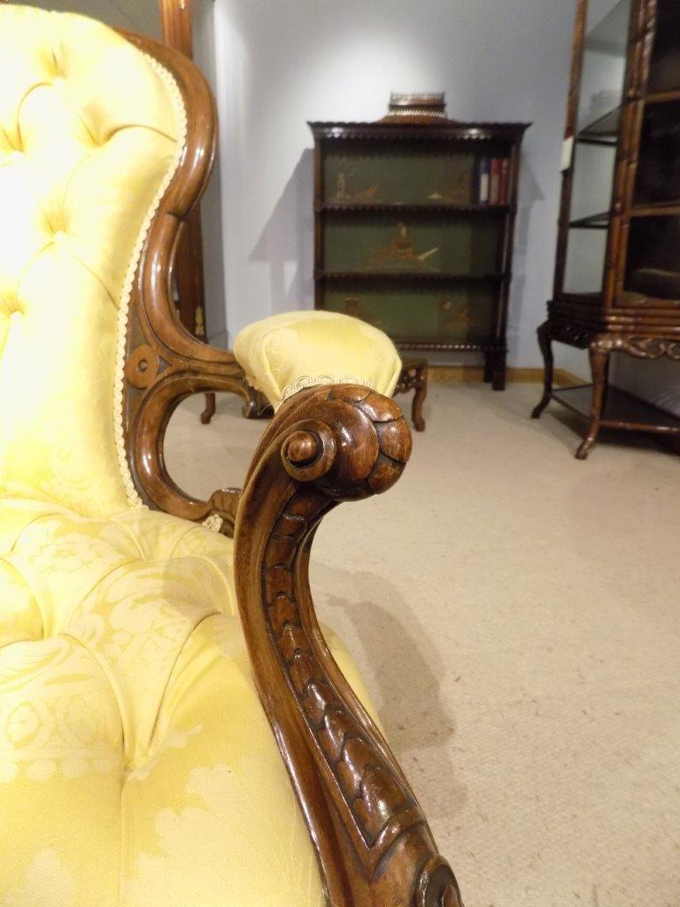 Carved Walnut Victorian Period Deep Buttoned Antique Armchair Gold Upholstery For Sale 5