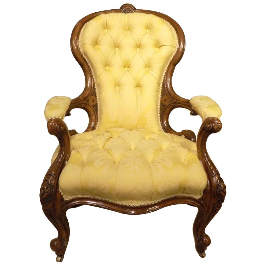 Carved Walnut Victorian Period Deep Buttoned Antique Armchair Gold Upholstery For Sale