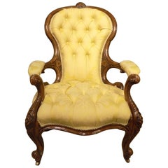 Carved Walnut Victorian Period Deep Buttoned Antique Armchair Gold Upholstery