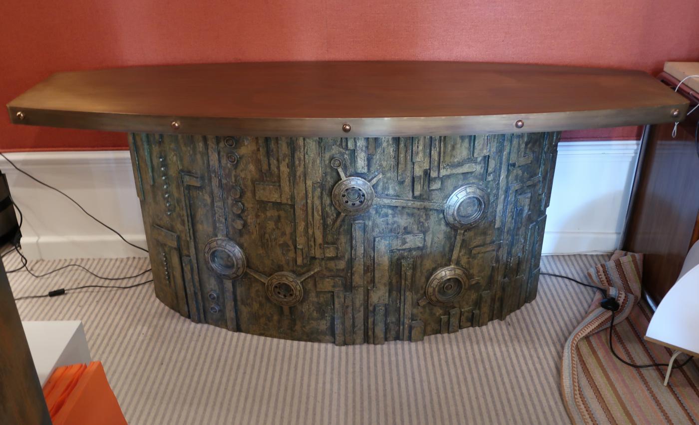 Late 20th Century Carved Wood and Brass Top Midcentury Italian Console Table, 1970 For Sale