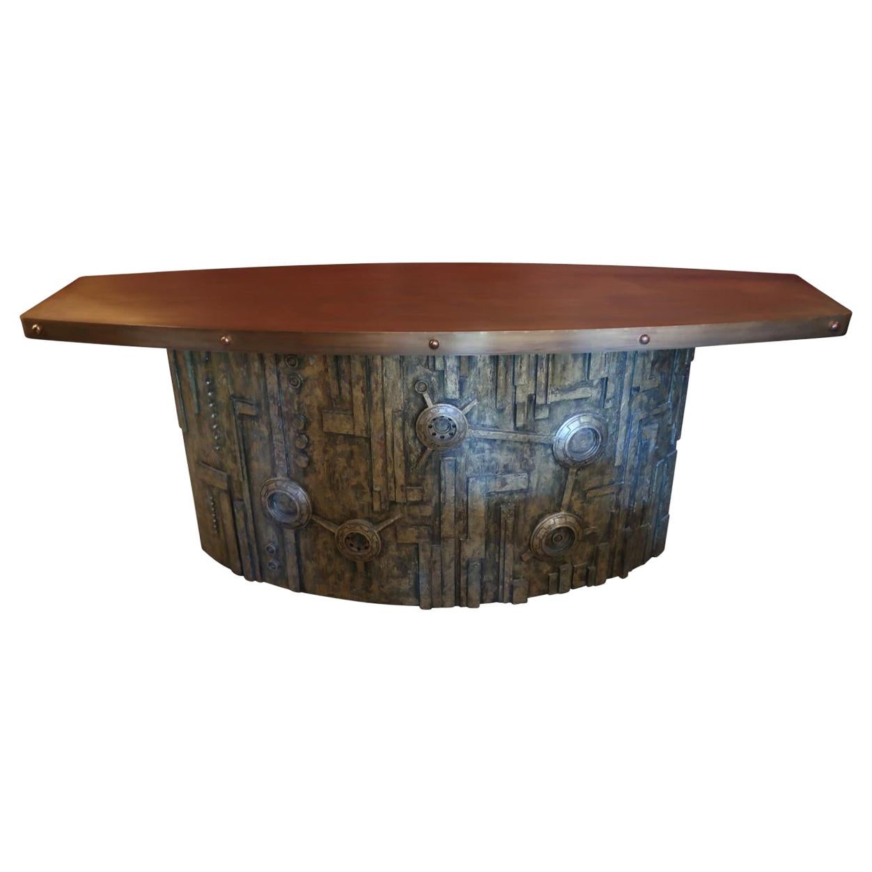 Carved Wood and Brass Top Midcentury Italian Console Table, 1970 For Sale