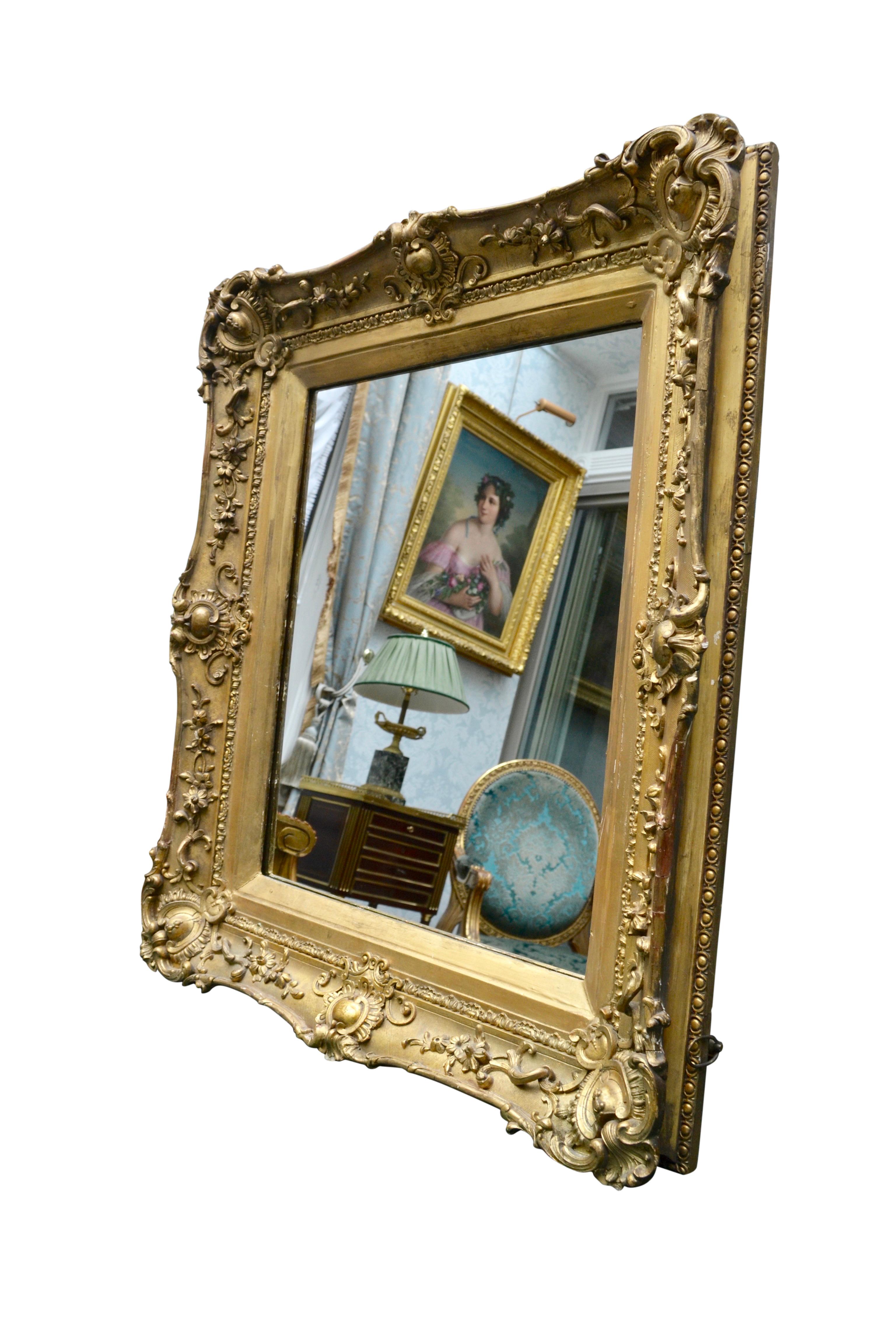 French Carved Wood and Gesso Gilded Framed Mirror